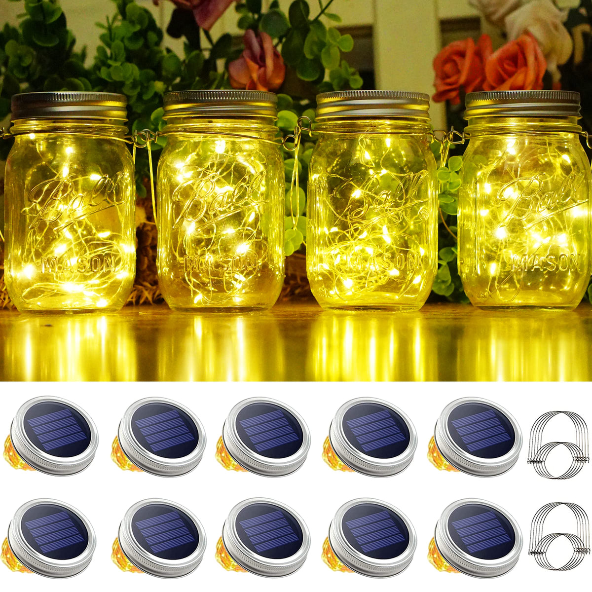 Smilingtown 10 Pack 30 Led Solar Mason Jar Lid String Lights,Fairy Lights Including 10 Pcs Hangers,For Indoor Outdoor Wedding Pa