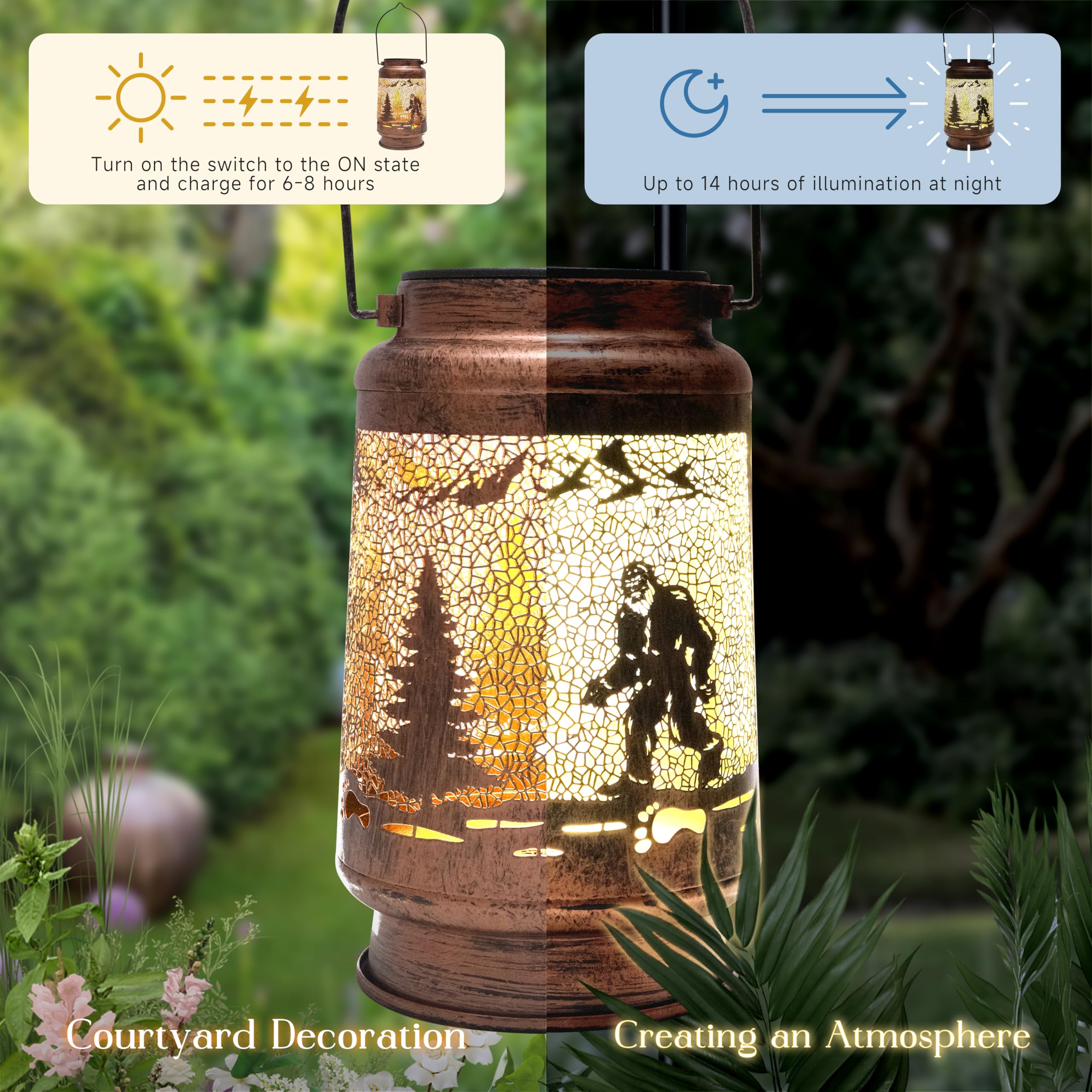 Litray Bigfoot Solar Lantern - IP65 Waterproof LED, 7.48" Copper Metal Decor for Patio, Pathway or Tabletop, Model Bigfoot-B1