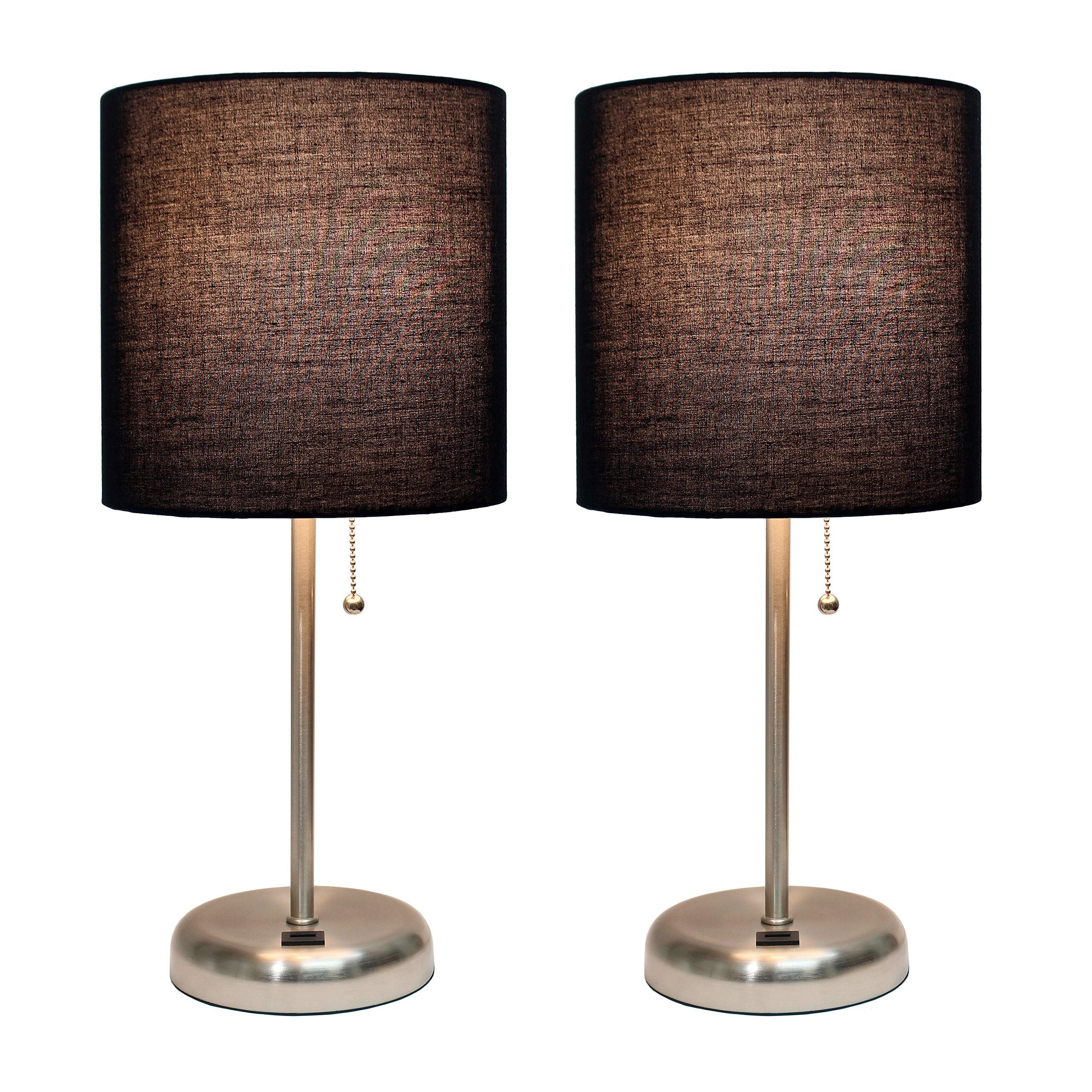 Simple Designs Lc2002-Blk-2Pk Brushed Steel Stick Table Lamp Set With Usb Charging Port And Black Fabric Shades, 2 Pack Set