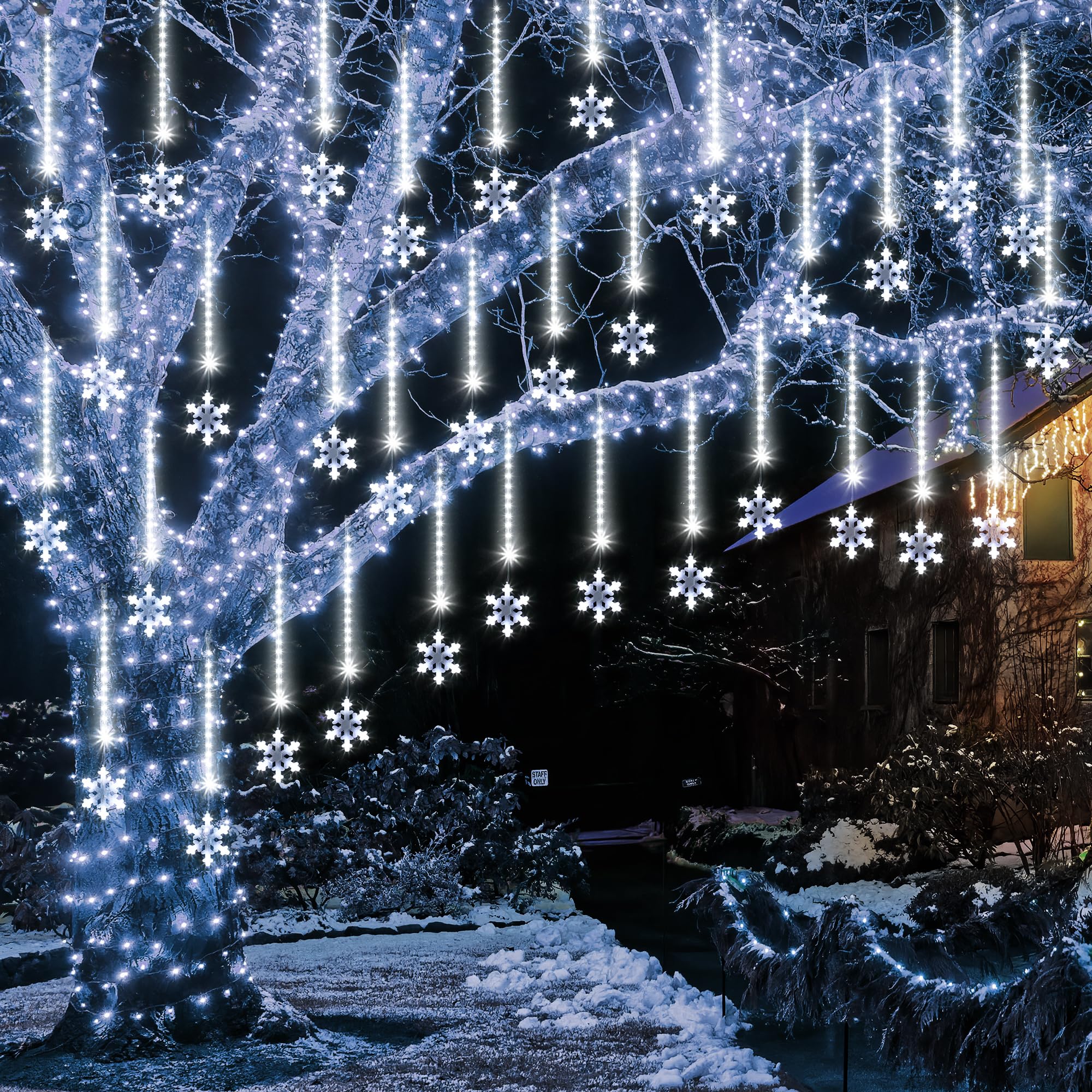 Enhon 2 Pack Meteor Shower Snowflake Lights Outdoor With Timer, Total 480 Led 12In 16 Tube Connectable Waterproof Meteor Rain Drop Christmas Light With Snowflake For Xmas Tree Roof Garden(Cool White)