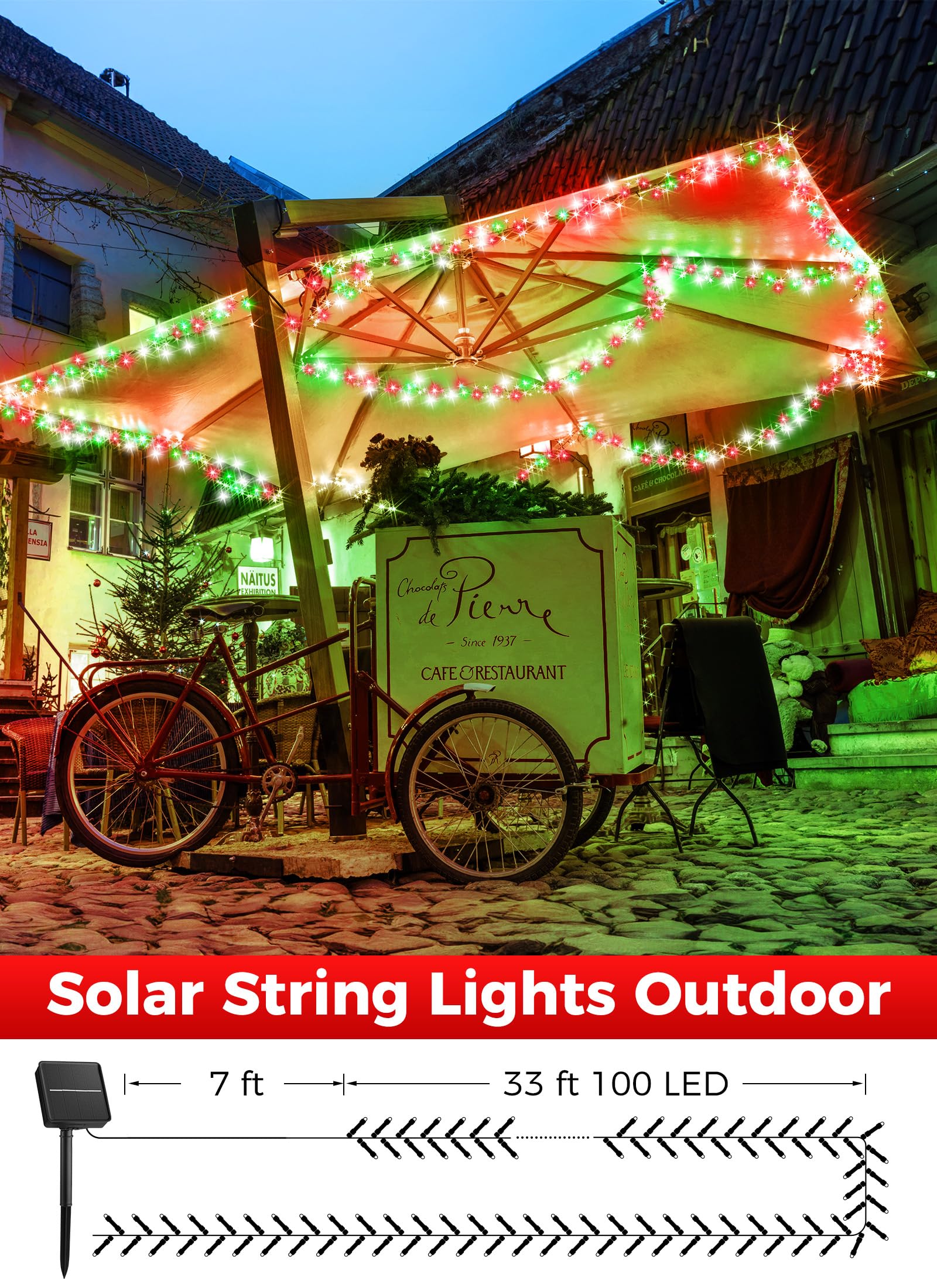 Minetom Solar Christmas Lights Outdoor Waterproof, 2 Pack Total 80Ft 200 Led Solar Lights With 8 Modes, Solar Christmas Outdoor Decoration, Solar String Lights For Outside House Tree,Red Green & White