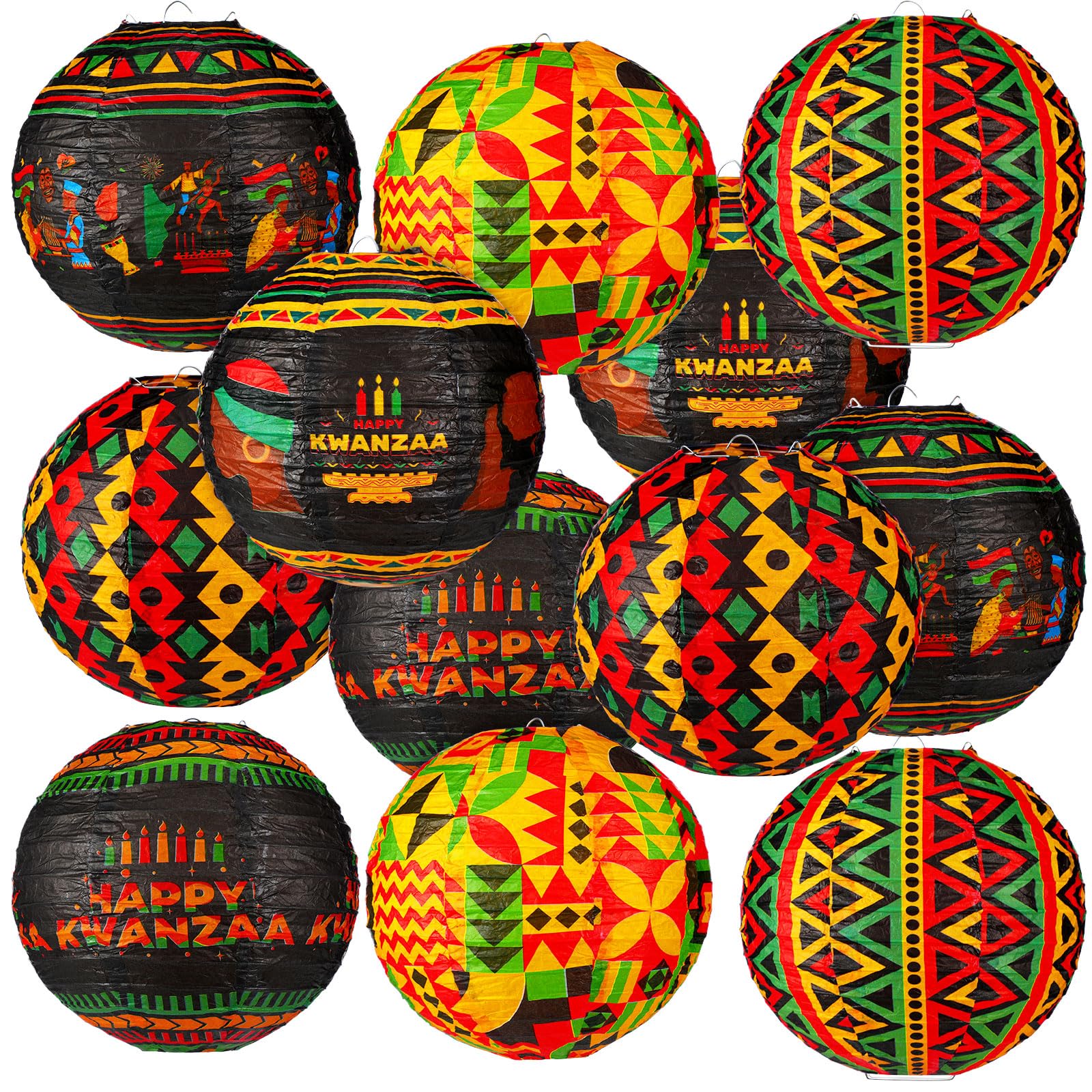Panelee 12 Pcs Kwanzaa Paper Lanterns 8 Inch Round Hanging Decorations for Kwanzaa Party Supplies Indoor Outdoor