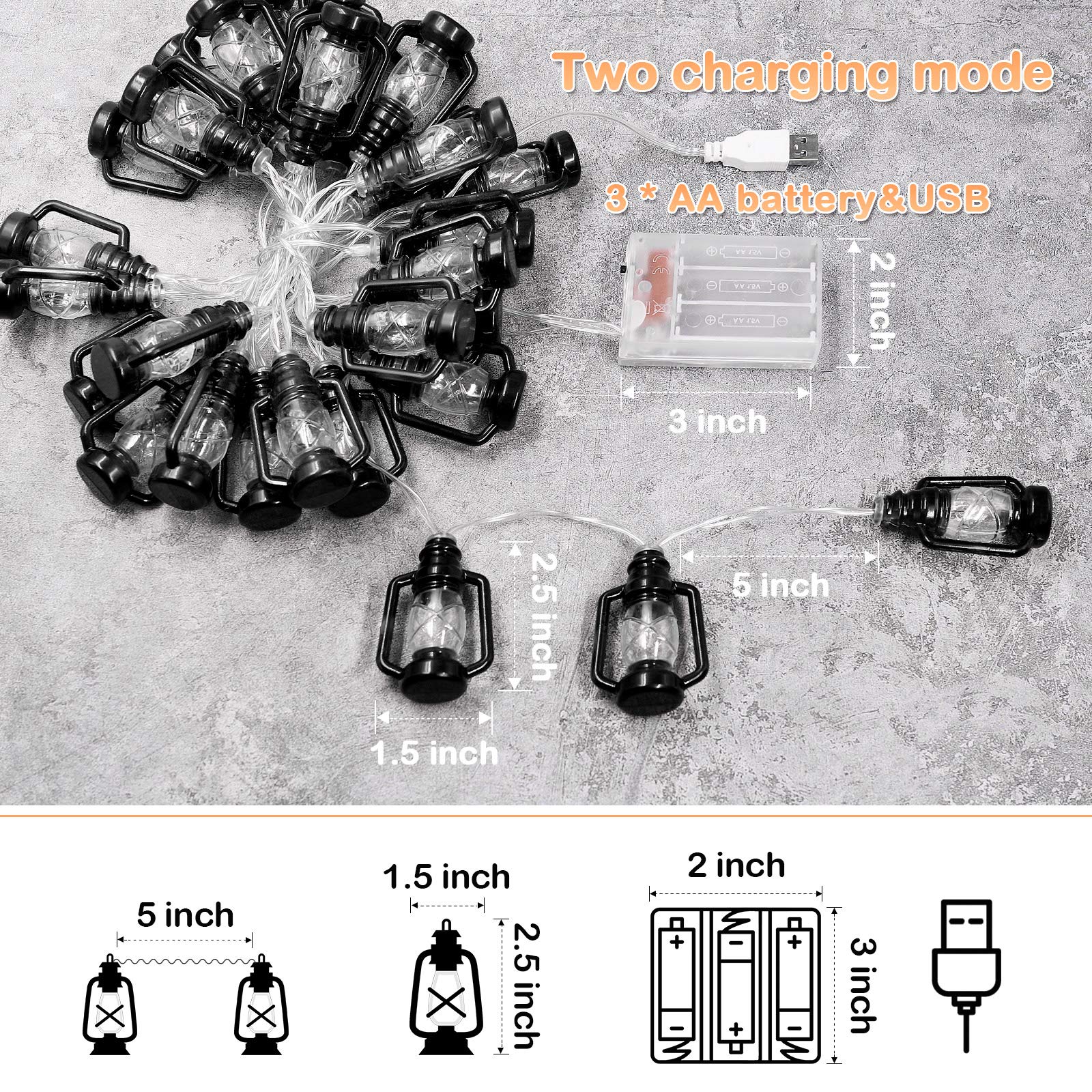 AceList Camping Lantern String Light - 30 LED, Battery & USB Operated, Mini Kerosene Lamp for Camping, Party, Classroom, Black, Model GZ-LT503B