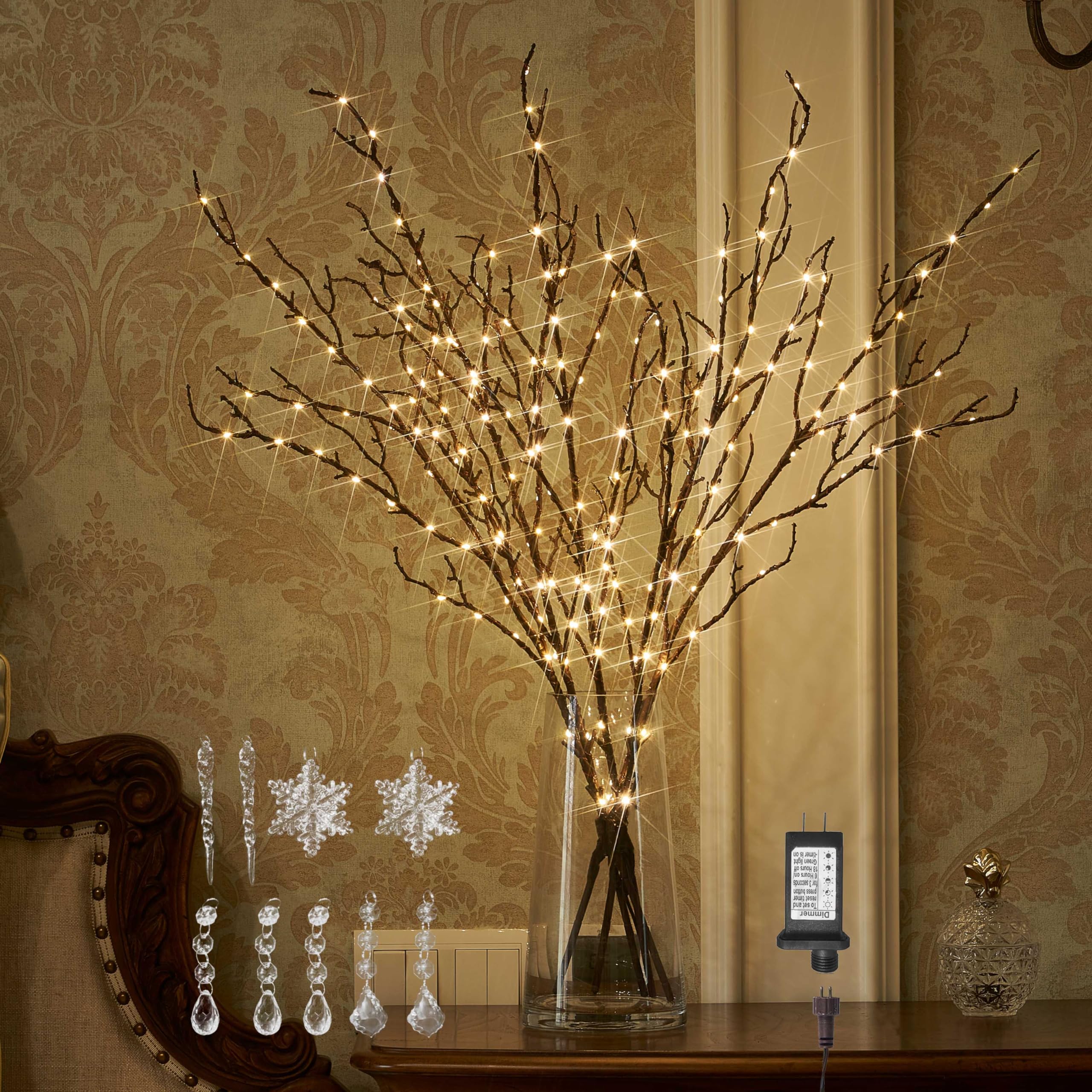 BAOLITVINE Lighted Branches Brown 32IN 200 Warm White Fairy Lights, Lighted Willow Branches with Timer, Dimmer for Home Bedroom 