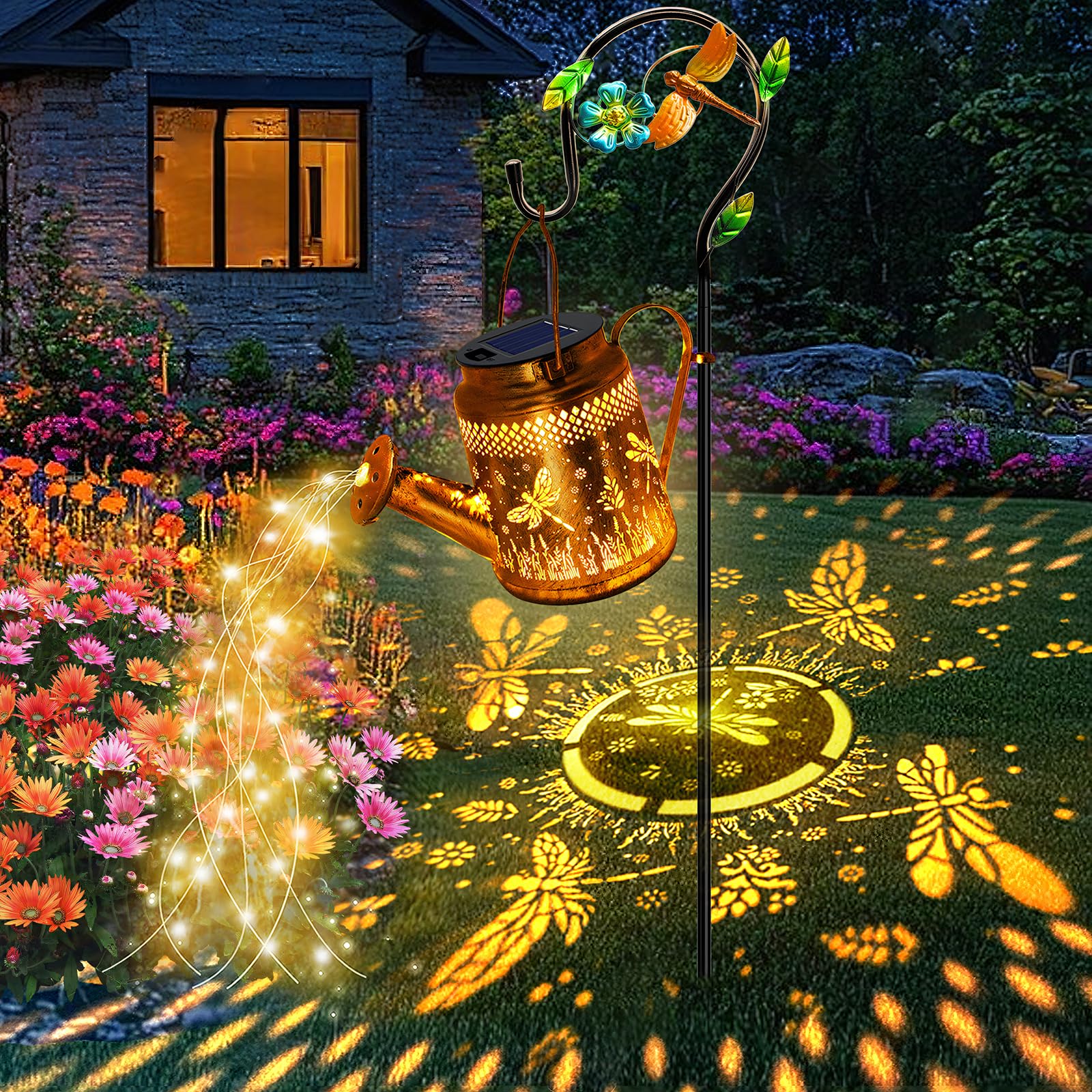 Solar Powered Dragonfly Watering Can Lights Waterproof Outdoor Garden Decor with Shepherd Hook, Hanging Patio Lights for Yard, P