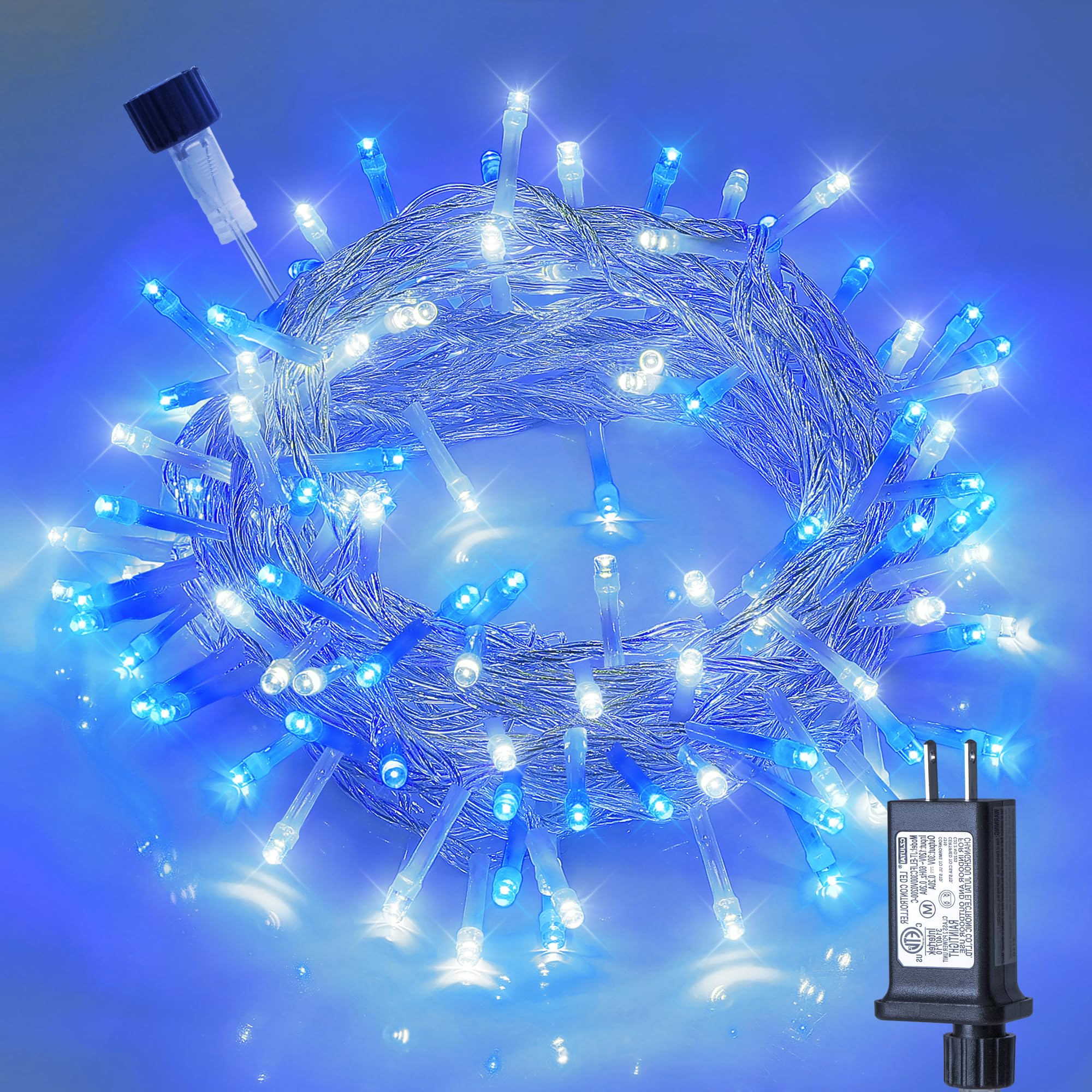 Hopolon 100 LED Blue White Fairy String Lights, 33FT Clear Wire, 8 Modes, Waterproof for Indoor/Outdoor Use