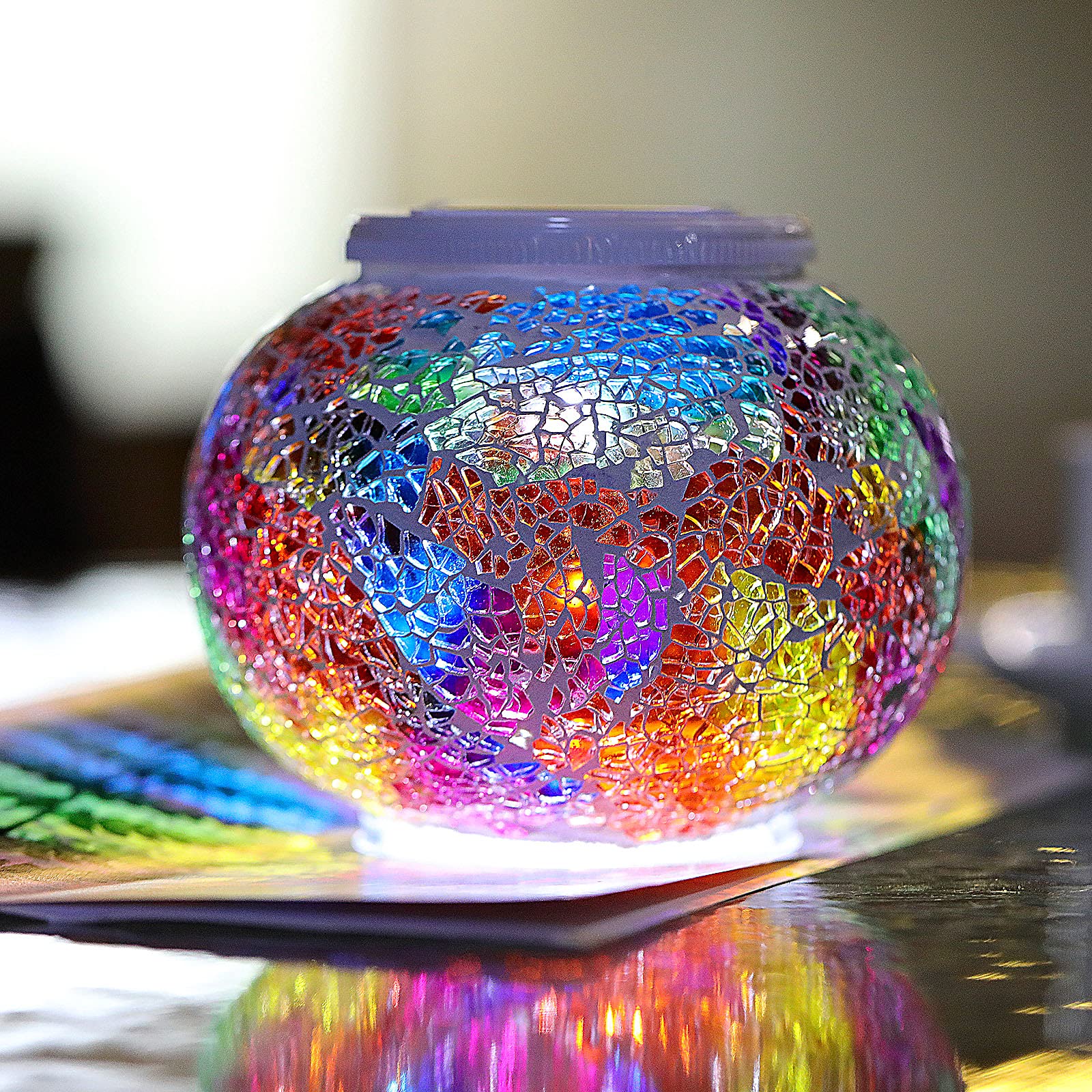 Starryfill Color Changing Mosaic Solar Lights Multicolor Glass Globe LED Light Outdoor and Indoor Waterproof Table Lamps for Gar