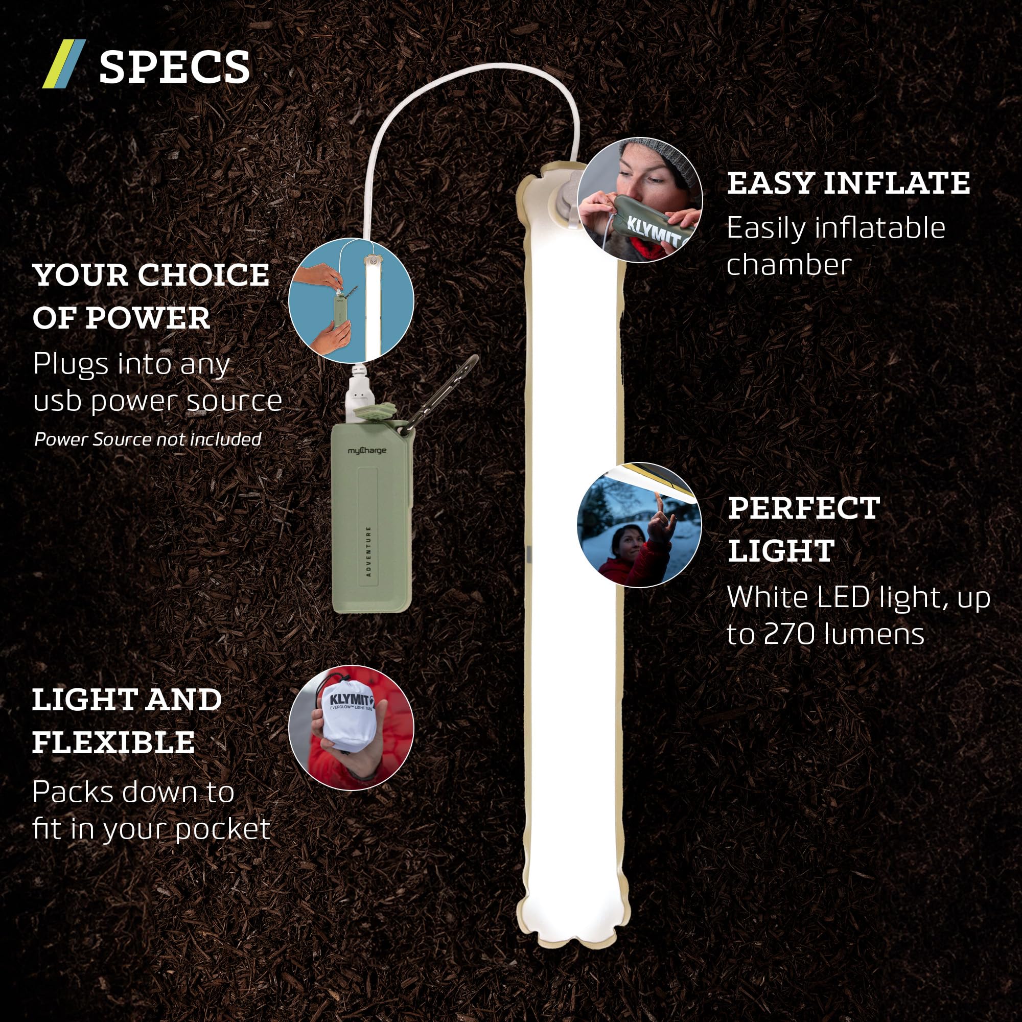 Klymit Everglow Inflatable LED Camping Lantern, Dimmable USB Light, Regular Size, White Light, Model 17EVGR01C