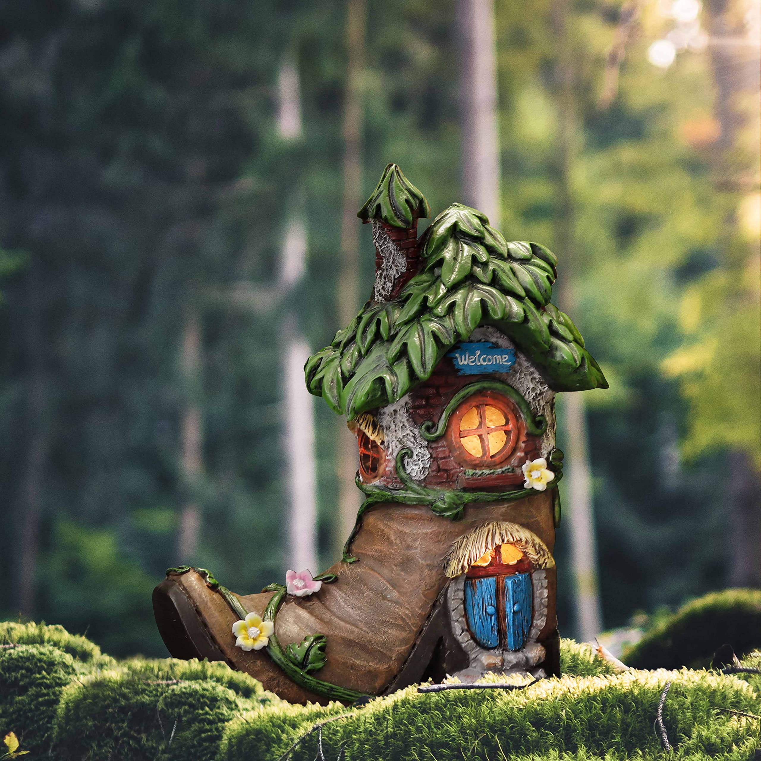 TERESAS COLLECTIONS Boot Fairy House Garden Statue with Solar Light, 6in Multicolor Resin Outdoor Decor