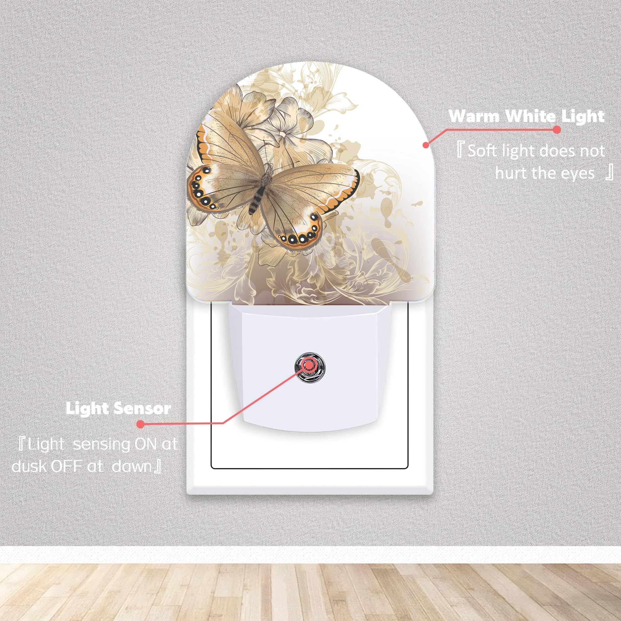 Axxitude LED Cardinal Night Light with Dusk to Dawn Sensor, Round Lamp for Bedroom & Bathroom, Butterfly Floral, Model SBD04