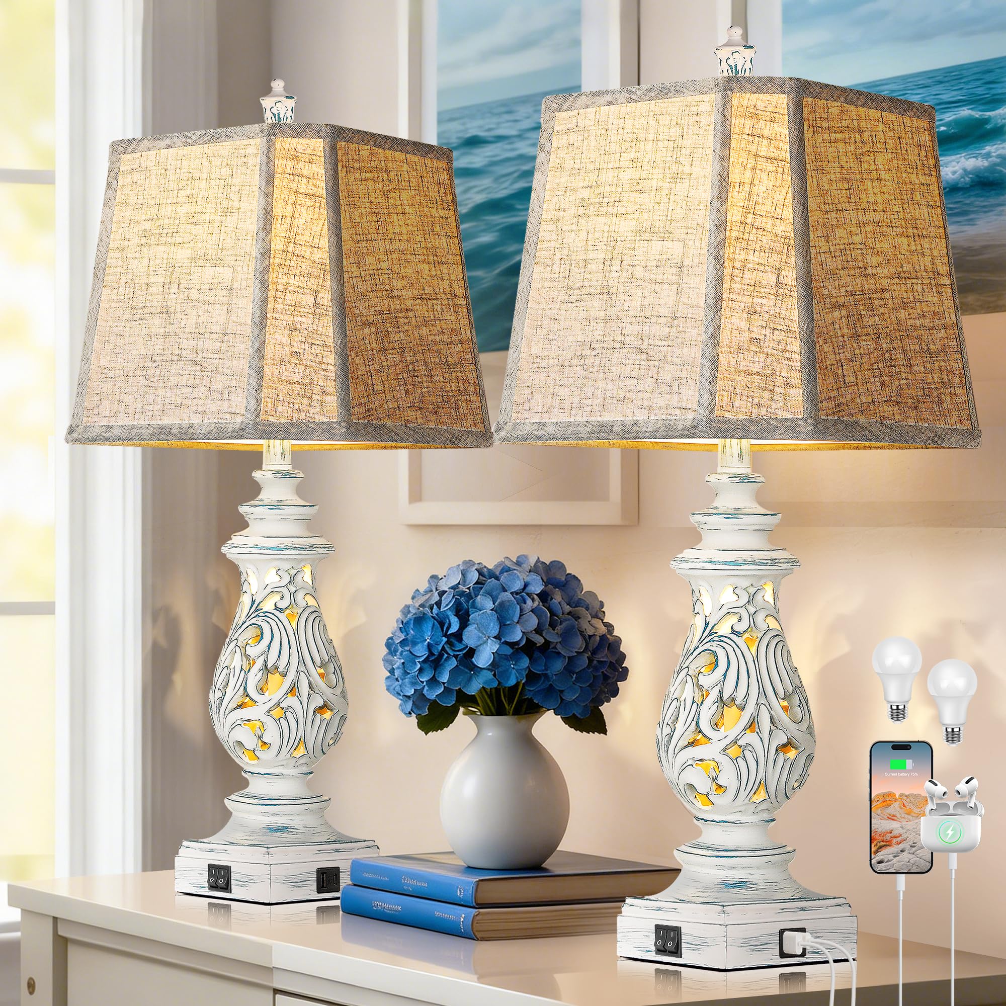 PARTPHONER 29 Table Lamps Set of 2  Bedside Lamps with USB A+C Ports & Night Light  Farmhouse Nightstand Lamps with Linen Fabric Shades for Bedroom Living Room  Washed Blue (LED Bulbs Included)