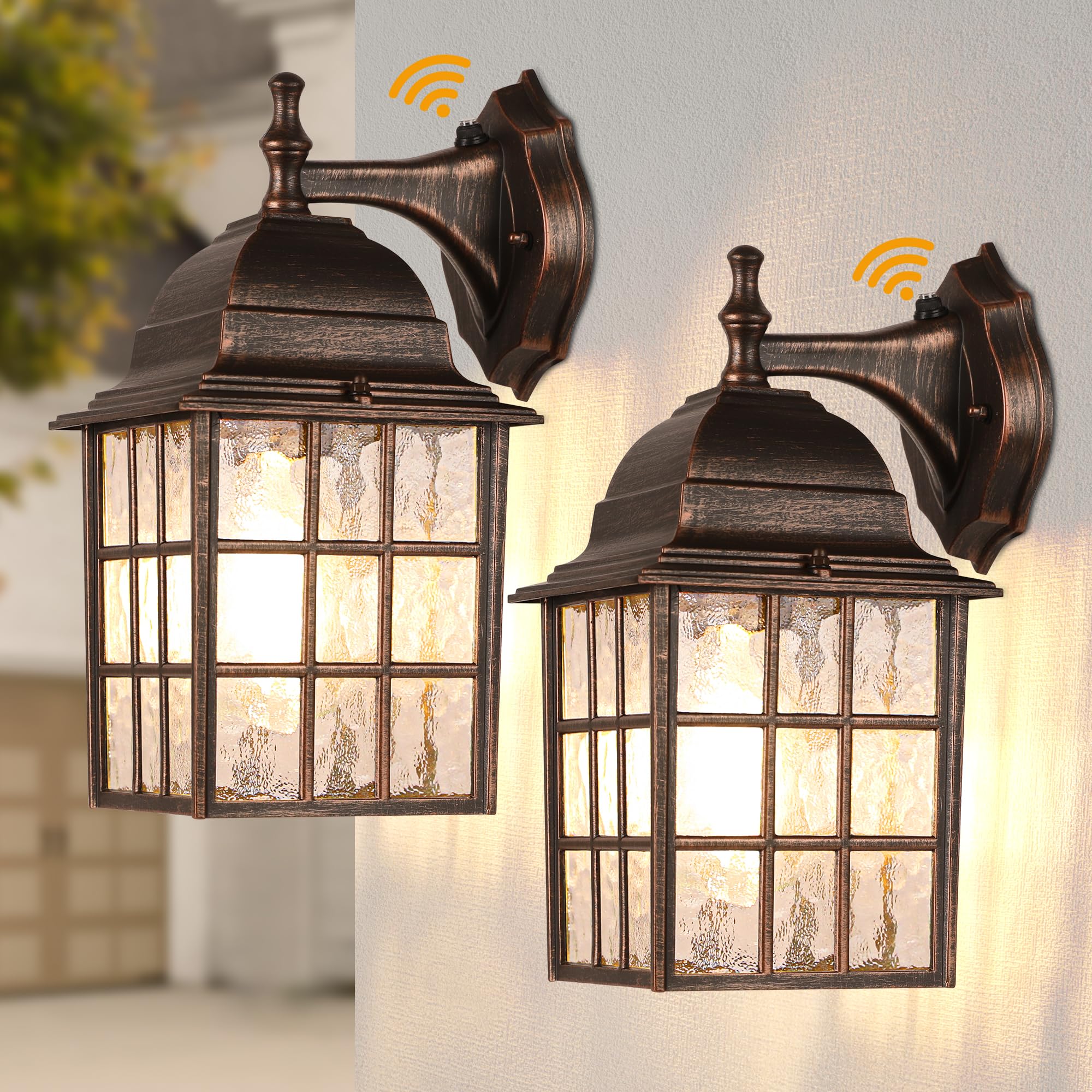 Farmhouse Exterior Light Fixtures - Sensor Dusk to Dawn Outdoor Porch Lights, Black Brush Gold Wall Sconce, Outside Wall Lantern