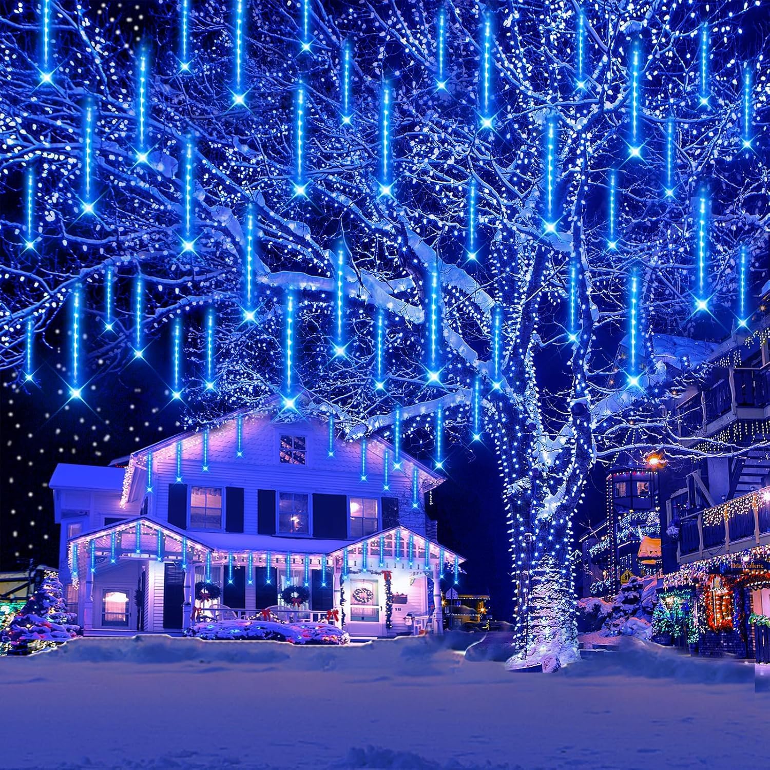 Kwaiffeo Meteor Shower Christmas Lights, 12 Blue Icicle Cascading Tubes, Ul Plug, Perfect For Holiday Decorations And Parties