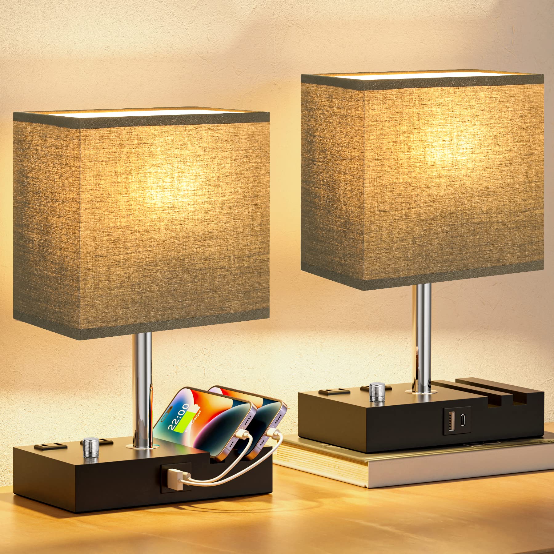 Kakanuo Bedside Lamps Set of 2, Fully Dimmable USB Table Lamps with Charging Ports, Black Lampshade for Bedroom and Living Room
