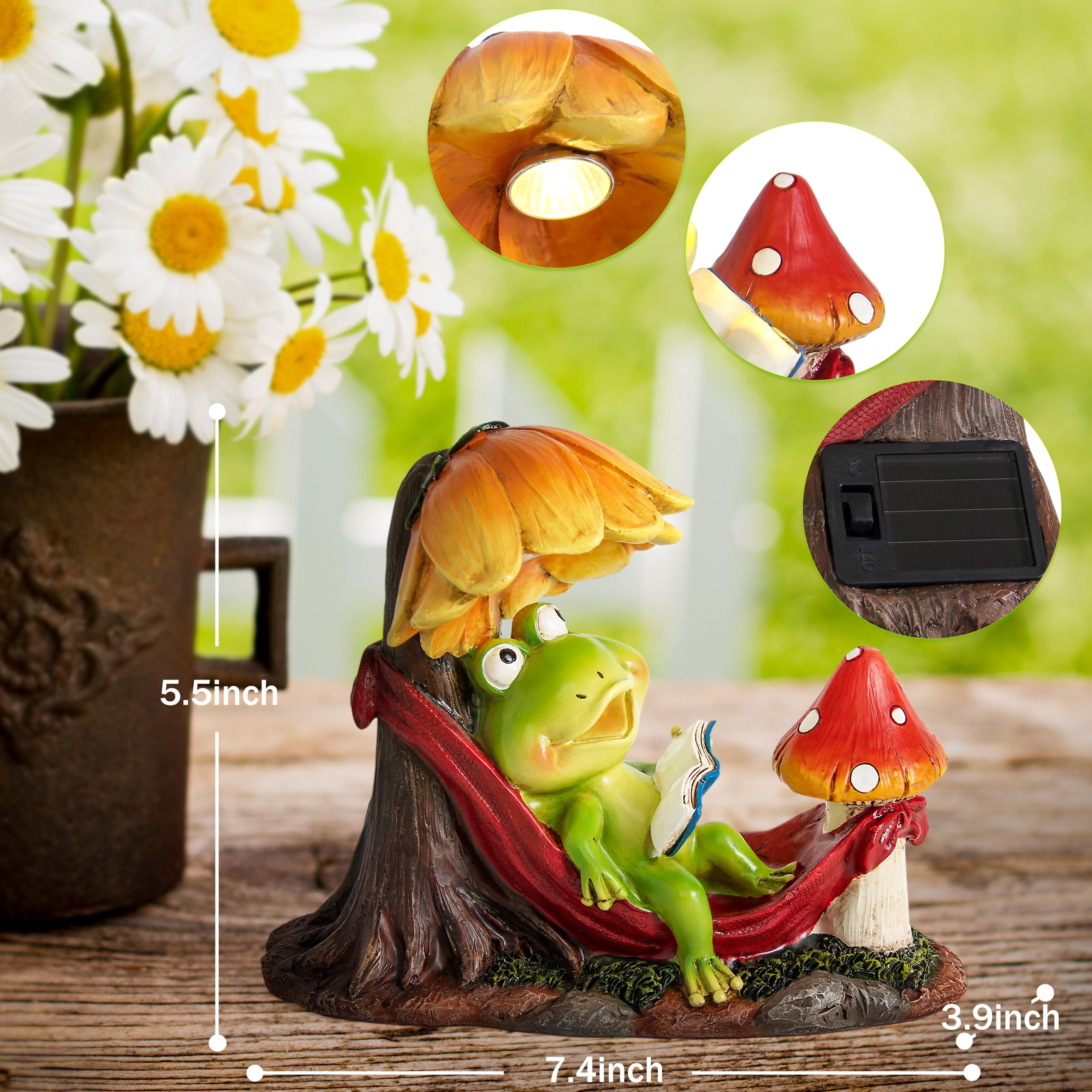 Leekung Solar Frog Garden Decor,Frog Statue With Solar Light For Outdoor Decorations,Reading Frog Figurine Garden Statues For Ou