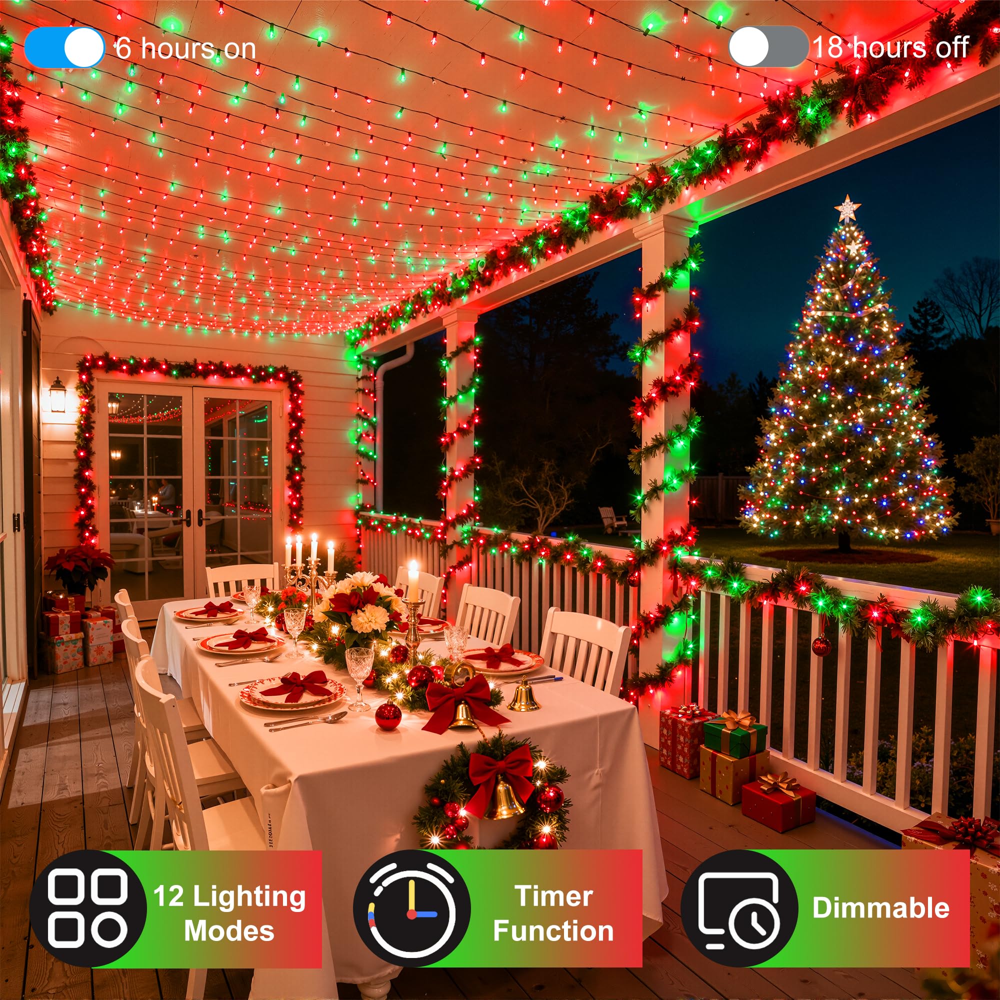 350Led Christmas Lights Indoor Outdoor  90Ft 12 Modes Red & Green Led String Lights With Timer Dimmable  Waterproof Christmas Tree Lights For Xmas Patio Yard Fence Balcony Garden Party Decor Red&Green