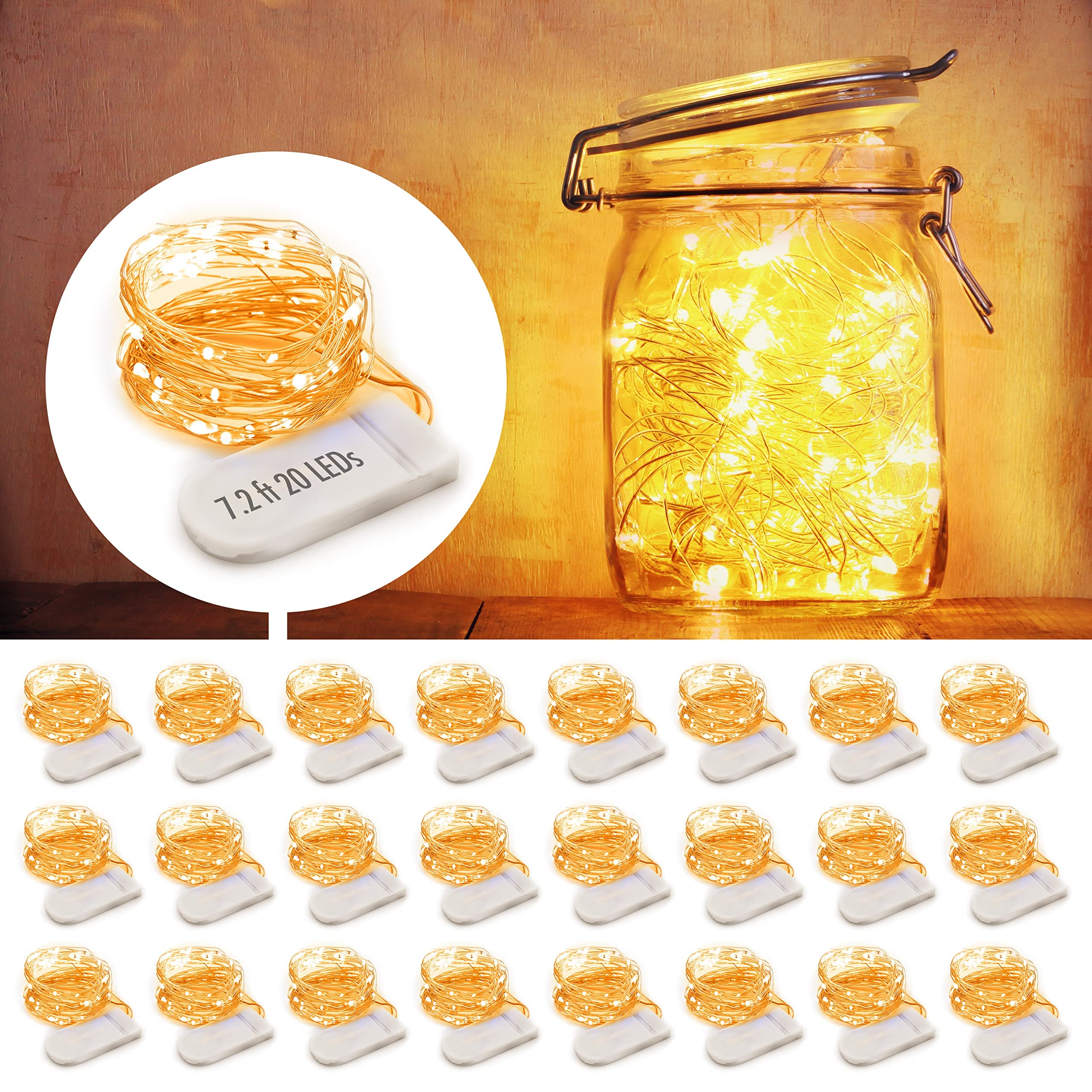 Mumuxi 24 Pack 7.2Ft Warm White Battery Operated Fairy Lights, 20 Mini Led Copper Wire String Lights For Weddings & Home Decor