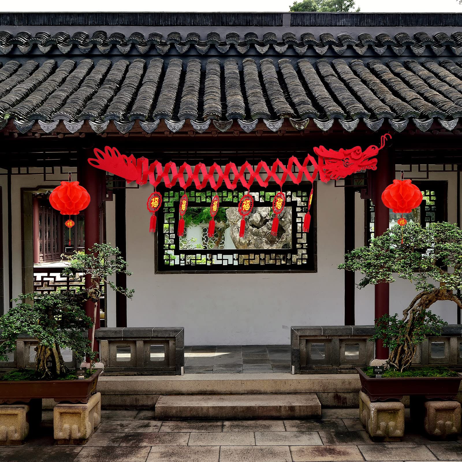 Whaline 3D Chinese New Year Dragon Ceiling Decorations 21Pcs Spring Festival Dragon Garland With Paper Lanterns Hanging Decoration For Lunar New Year Lantern Festival Party Restaurant Supplies