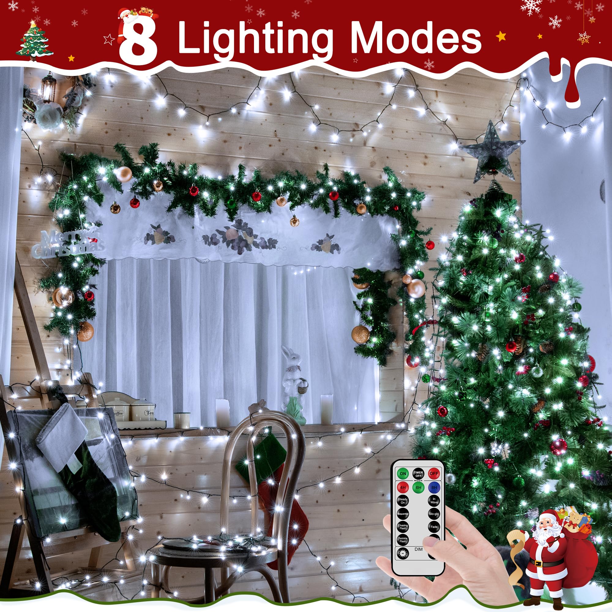 Ccinny 394Ft 1200 Led Christmas Lights Outdoor  White Christmas Tree Lights Plug In  8 Modes Twinkle String Light For Bedroom Wedding Party Ceiling Xmas Home Decoration