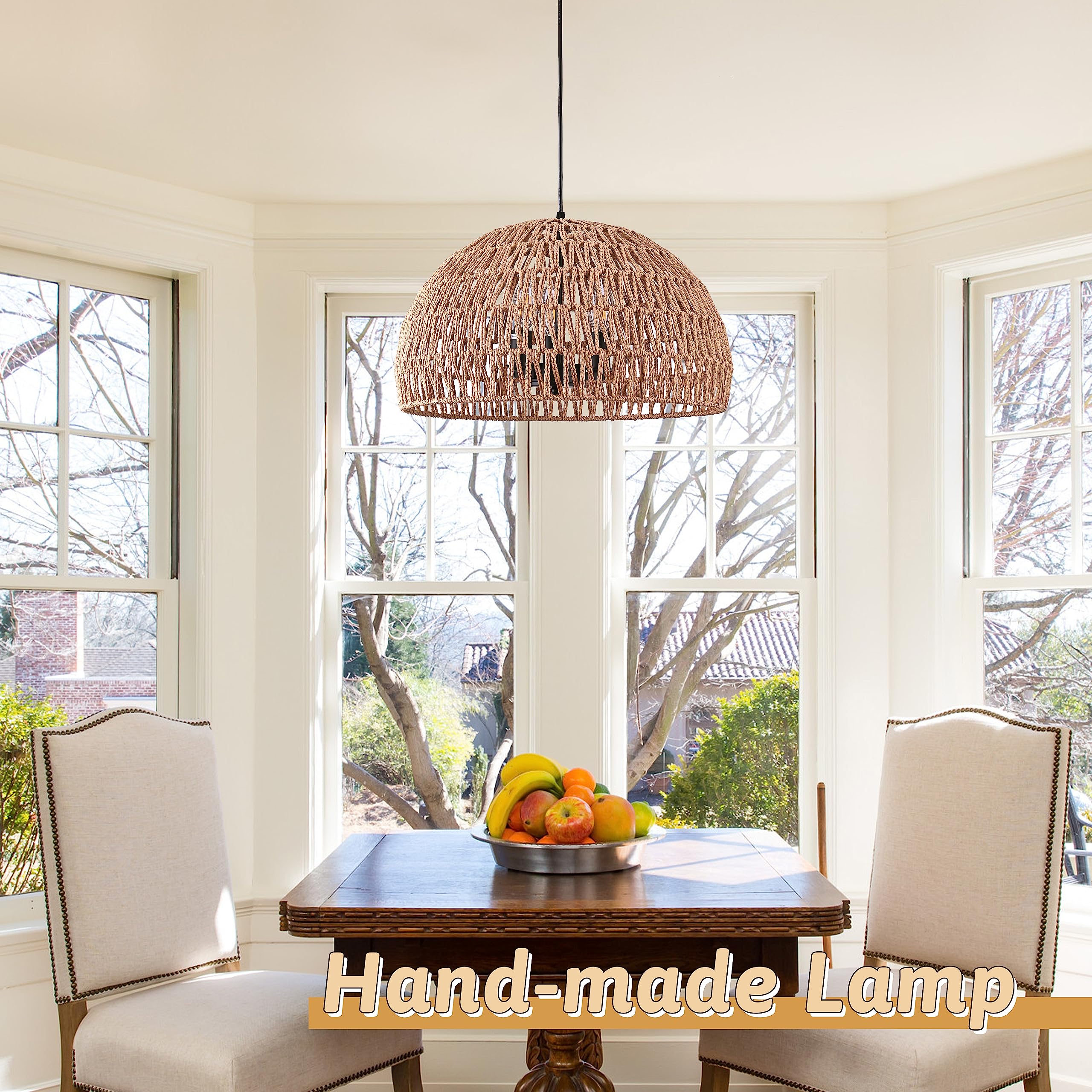 Ayshwilldec 17.6&quot; Hemp Rope Woven Pendant Light - 3-Light Boho Rattan Chandelier For Dining Room