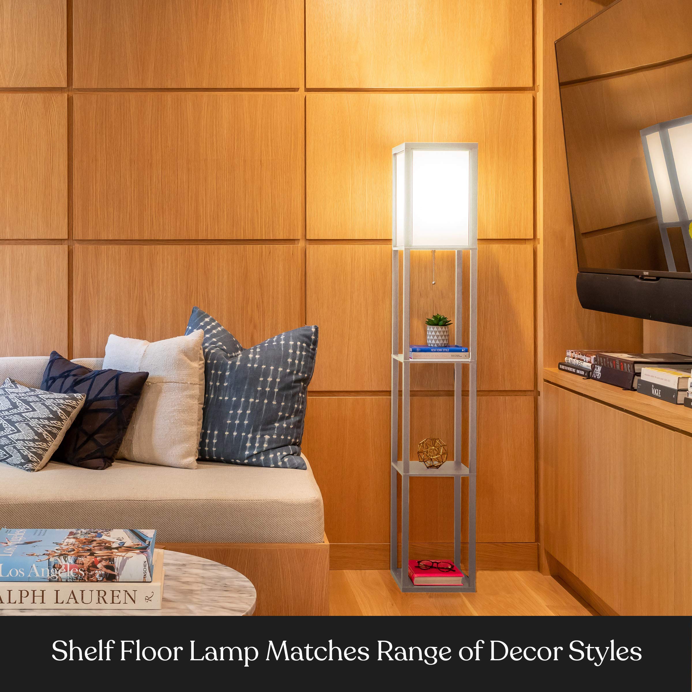 Brightech Maxwell Modern Shelf Floor Lamp with Shade, LED Bulb - Rustic Wood, Model FL-MX-RW