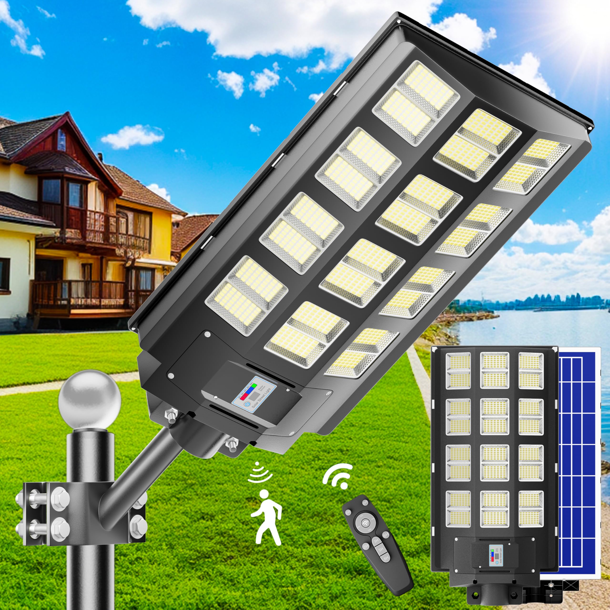 Jadisi 1-Pack 6800W Solar Street Light, Solar Street Lights Outdoor Waterproof, 240000Lm 7000K Solar Powered Street Light, Dusk To Dawn, With Motion Sensor, Led Wide Angle Lamp