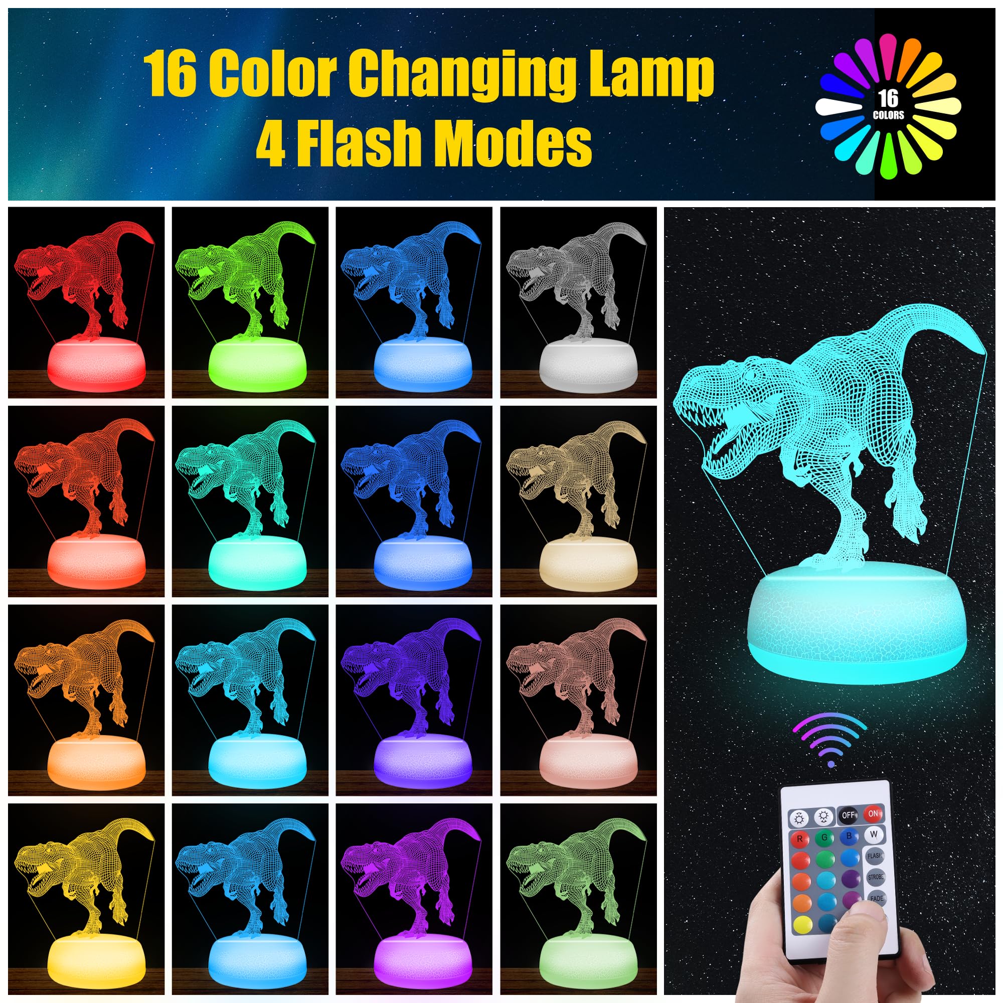 JURHHOEN Dinosaur Night Light, Night Light for Kids - Third-Generation 3D Acrylic Night Light, 16 Color Changing Lamp with 3 Din