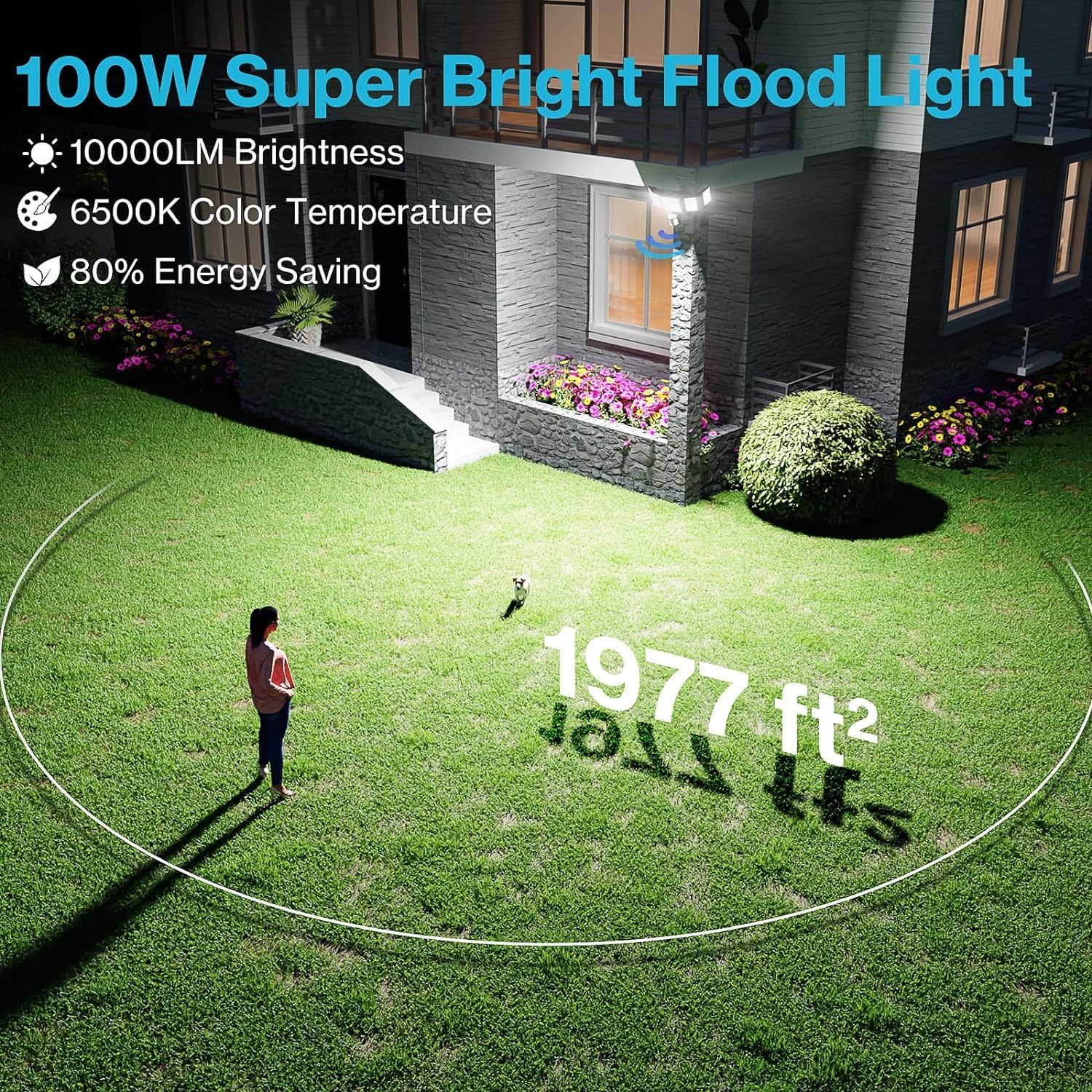 Olafus 100W Motion Sensor Flood Lights, 10000LM, IP65 Waterproof, 2 Pack, Black, Model 5-LBG100M