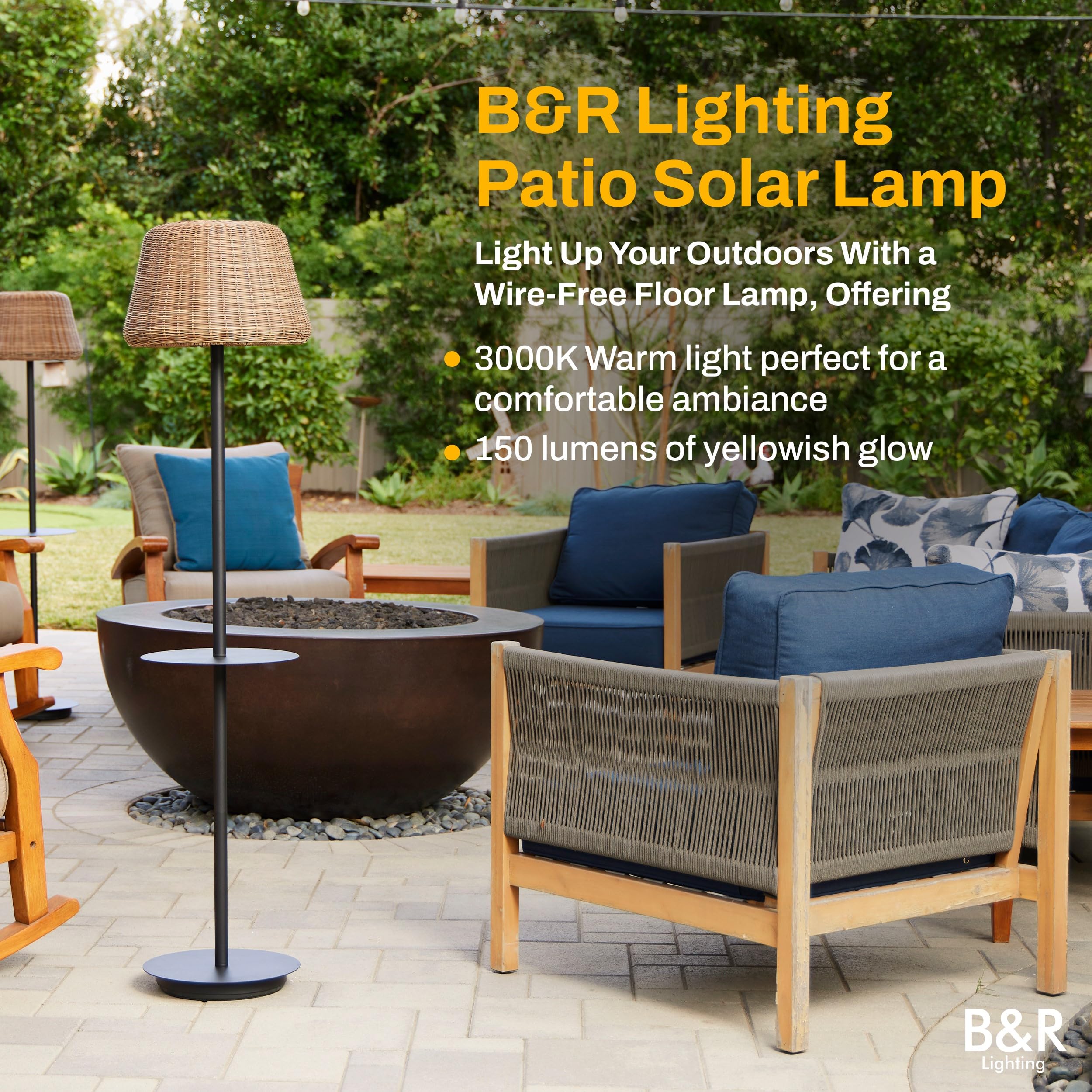 Solar Outdoor Floor Lamp With Table - Cordless Outdoor Floor Lamp - Patio, Porch, Garden - Rattan Wicker Lights For Outside - Waterproof, Rechargeable, Weatherproof