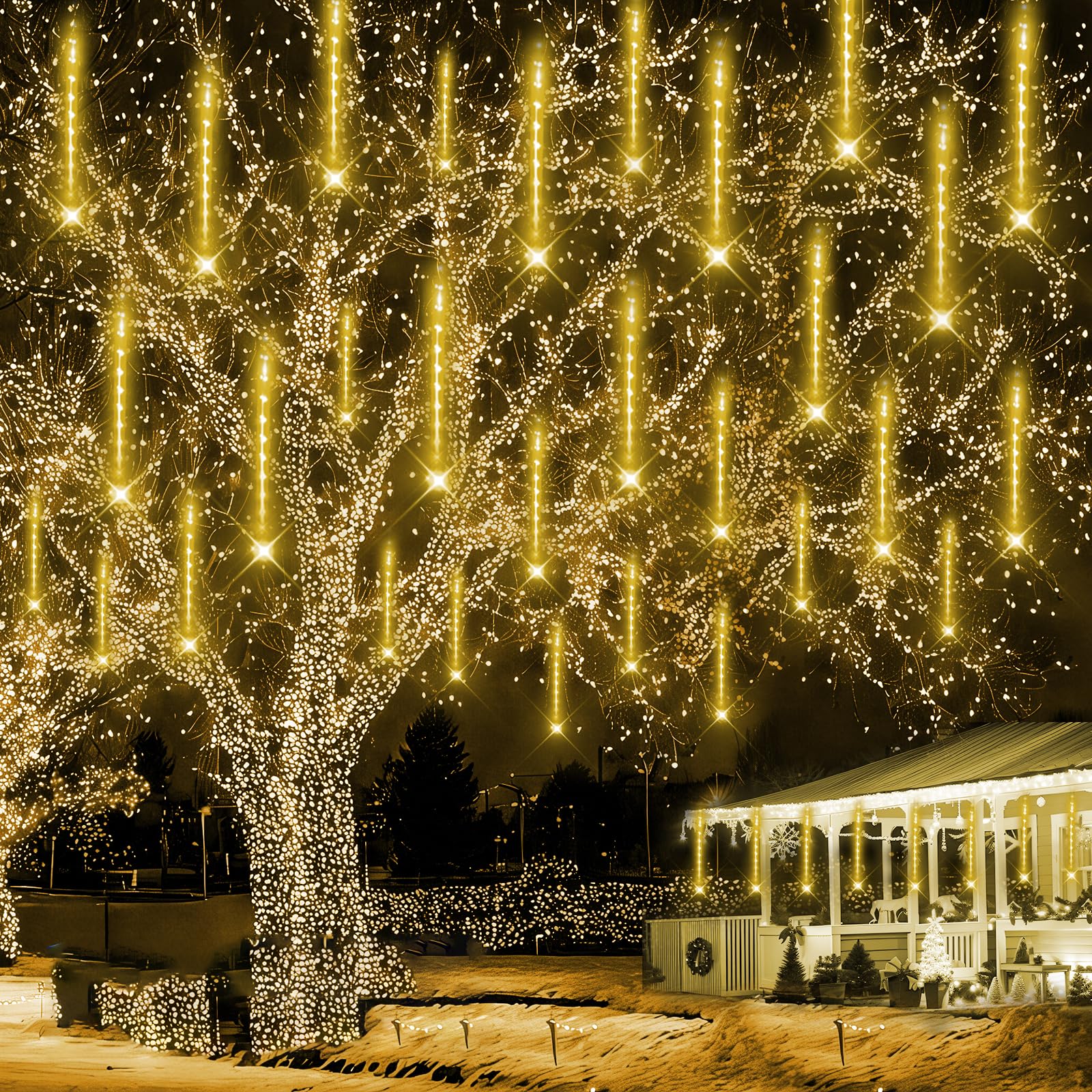 Lauzior Christmas Lights Outdoors  32 Tubes Meteor Shower Rain Lights - Lcicle Christmas Light Outdoor For Xmas Tree Wedding Party Holiday House Yard Decor  Warmwhite