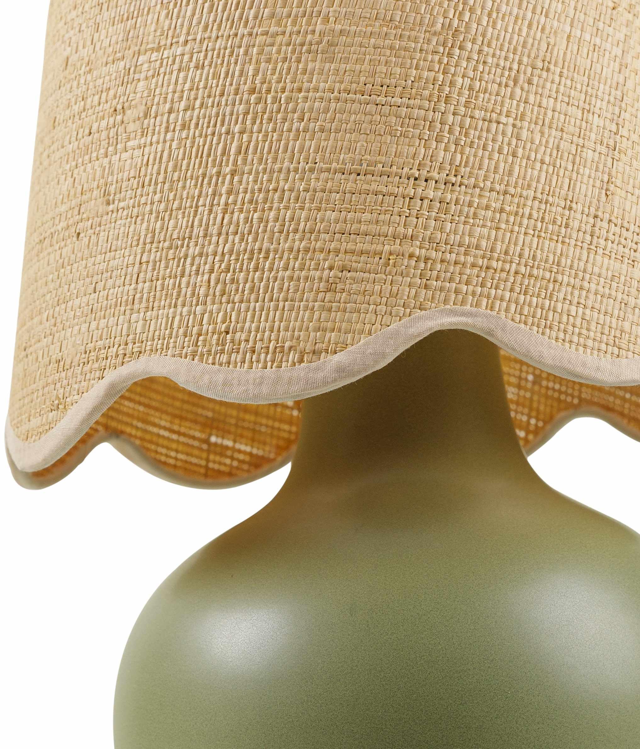BoutiqueRugs Navarro Boho Ceramic Bedside Table Lamp - Rattan Shade - 13inH x 8inW x 8inD - Green, Beige - Model TXCHMA7