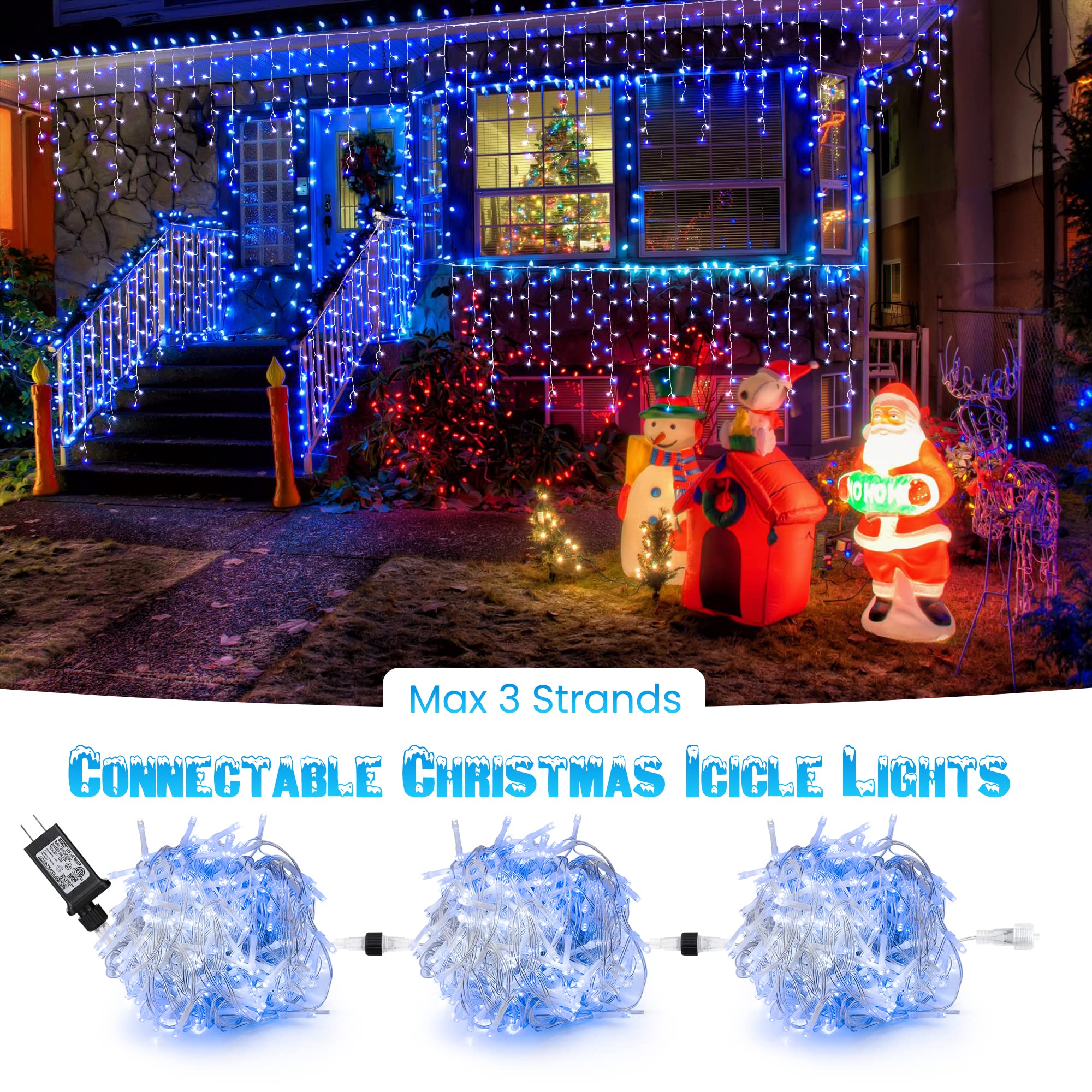 Toodour White & Blue Christmas Icicle Lights, 29.5Ft 360 Led Icicle Lights, 8 Modes, 60 Drops, Window Curtain Led Christmas Lights, Icicle Twinkle Lights For Eaves, Party, Wedding, Christmas Decors