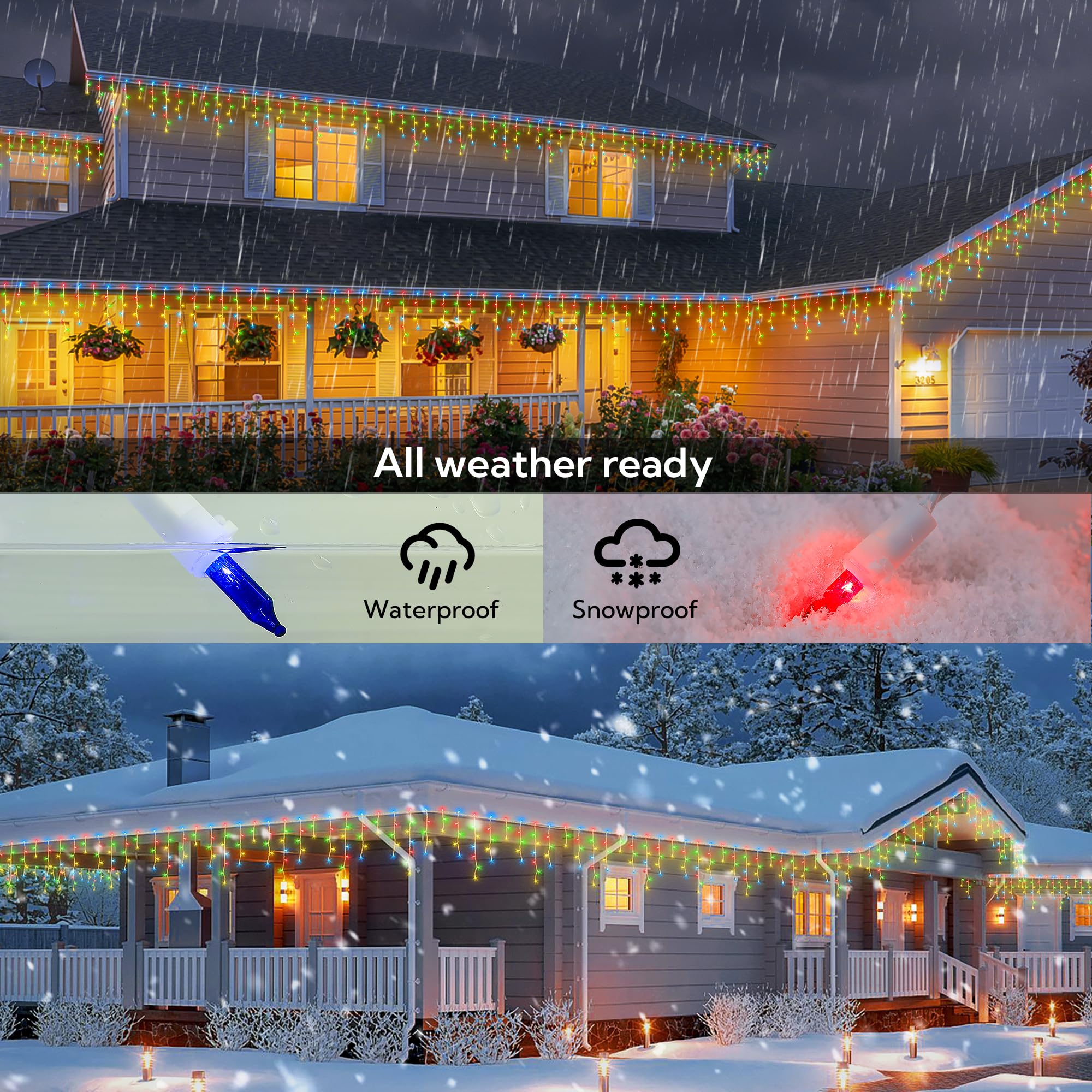 Beewin Icicle Christmas Lights Outdoor,23Ft 200 Count Multicolor Icicle Lights Indoor With White Wire,Waterproof Connectable Ici