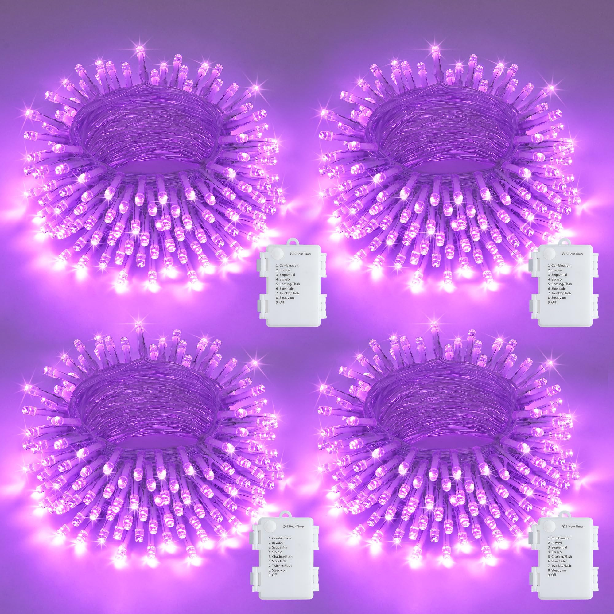 JMEXSUSS 4 Pack 50 LED Purple String Lights Battery Operated, Each 16.5ft Christmas Lights with 8 Modes & Waterproof, Purple Lig