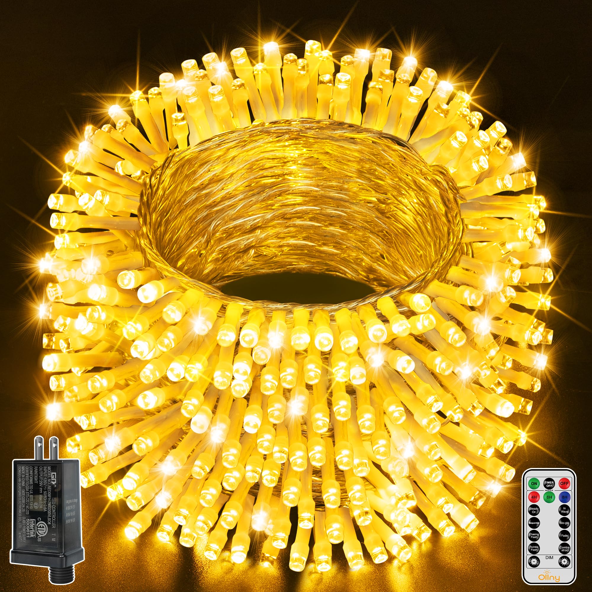 Ollny Christmas Lights Outdoor 400LED 131FT, Warm White Fairy Lights with Remote 3 Timer, Plug in 8 Modes String Lights for Bedr