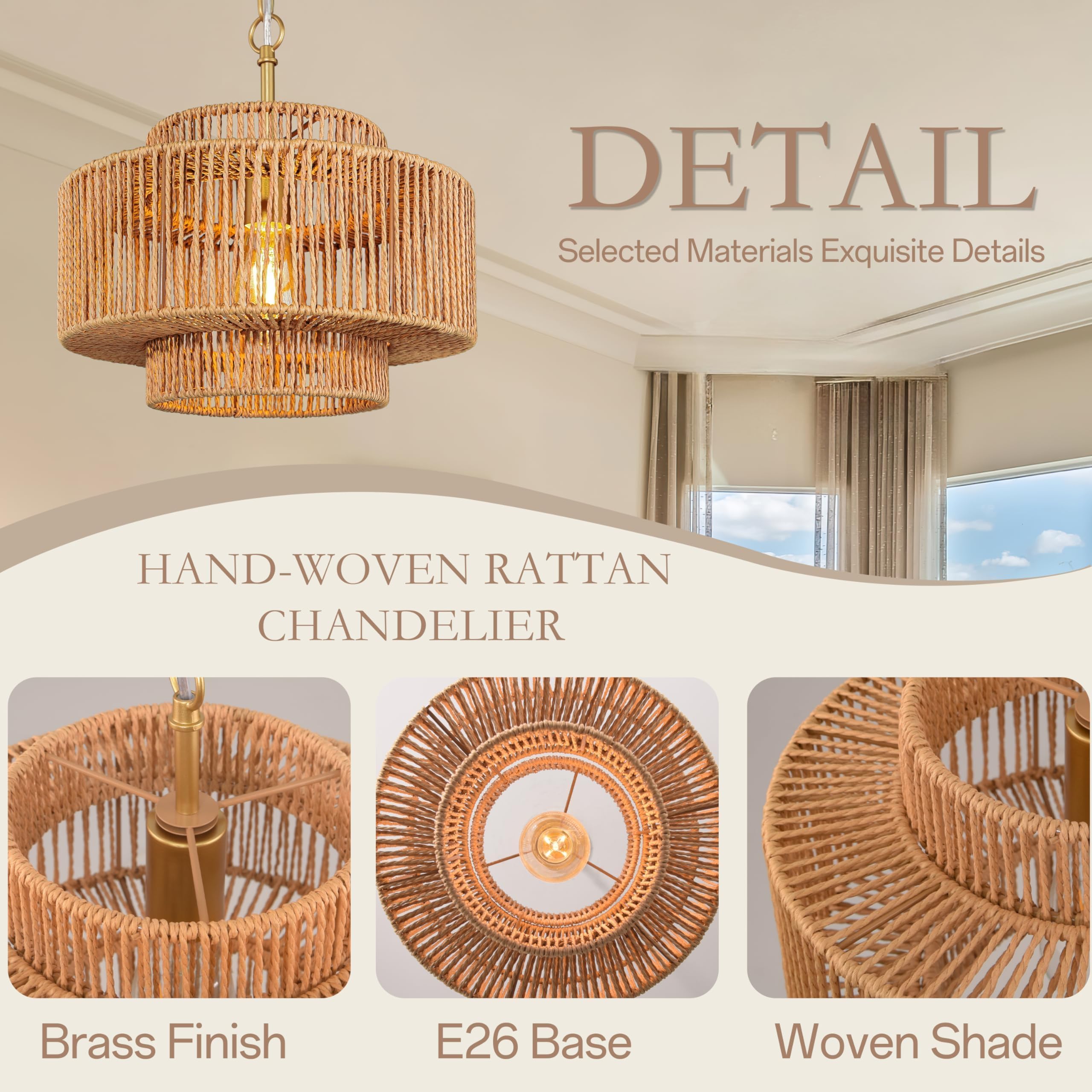 Bagood 24'' Rattan Pendant Light Gold Rattan Chandelier Light Fixture 3-Tier Hand-Woven Rattan Chandelier 6 Light Wicker Pendant