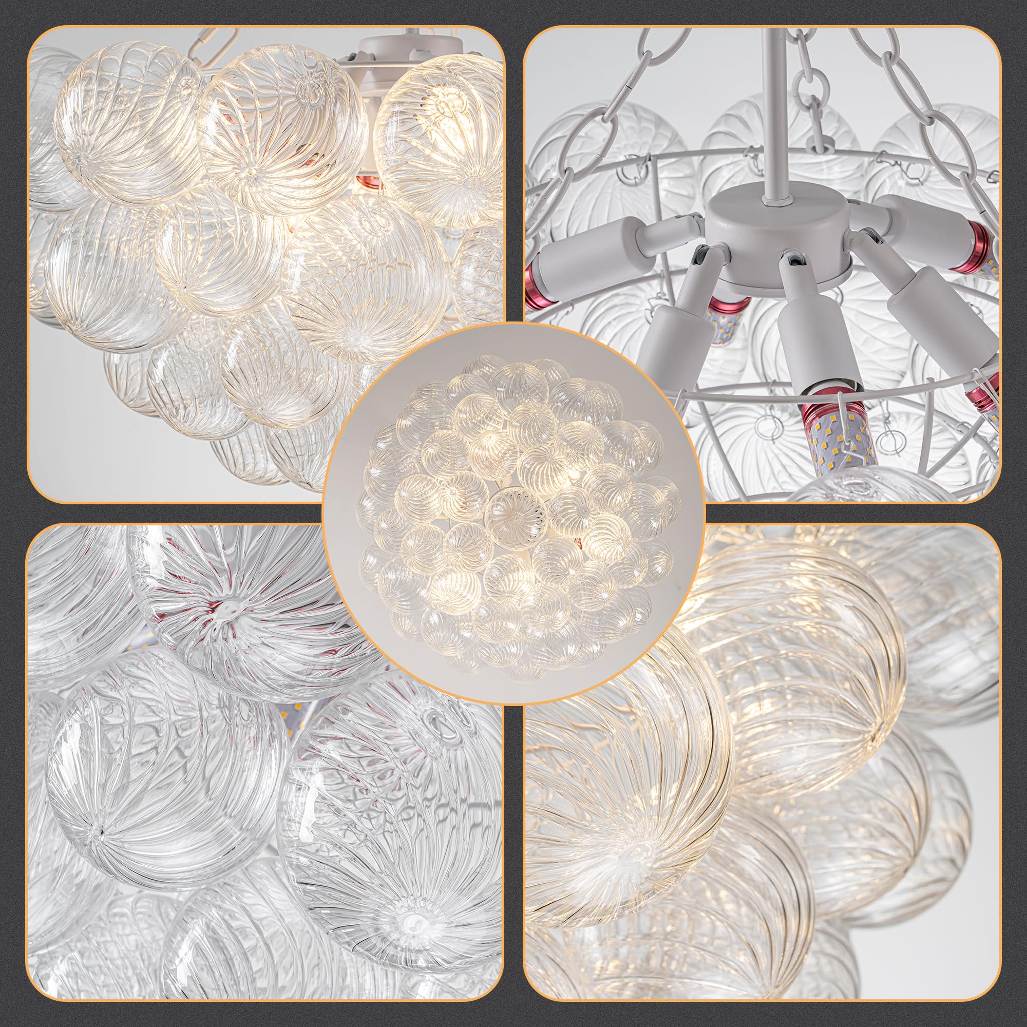 Beypan Bubble Ball Swirled Glass Chandelier White Finish 24'' Dia Clear Ribbed Blown Glass Globe Pendant Light Fixture For Bedro