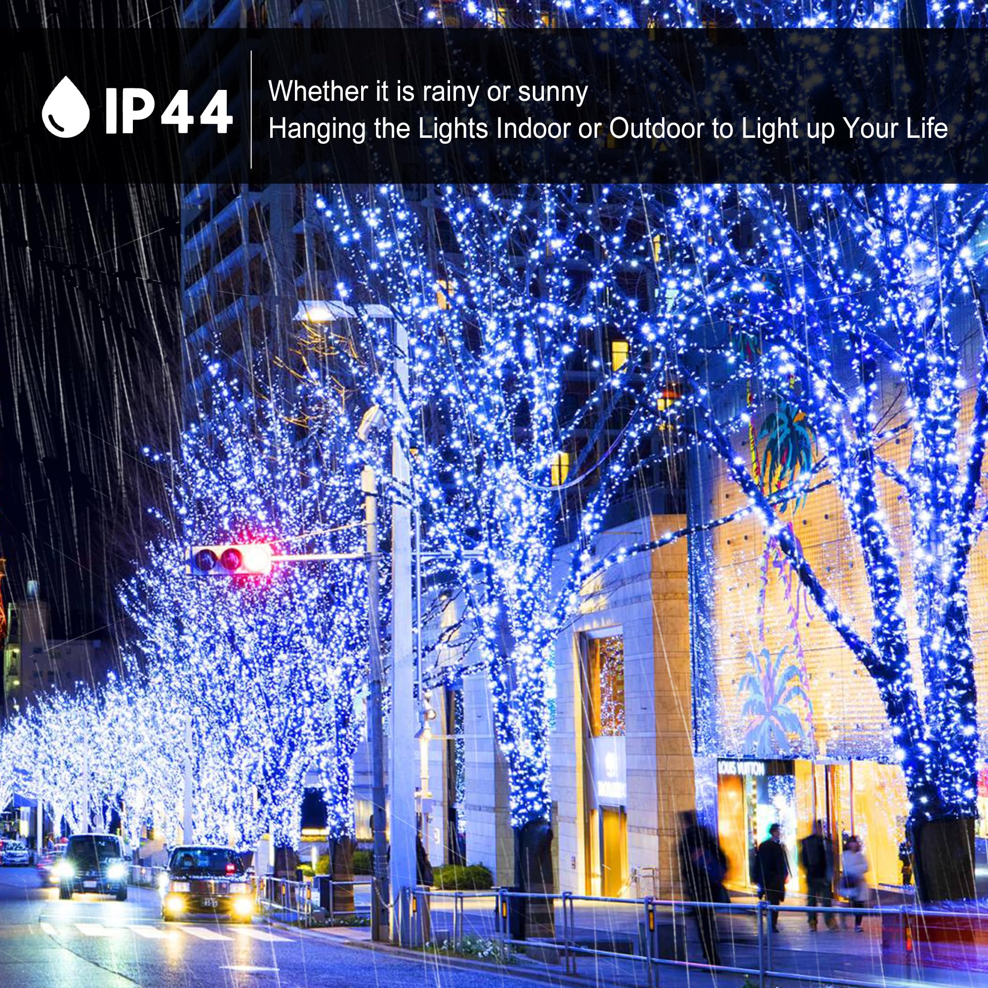 kemooie 500 LED Christmas Lights, 164FT, 8 Lighting Modes, Blue and White, Model HB-500COI, for Outdoor Decorations