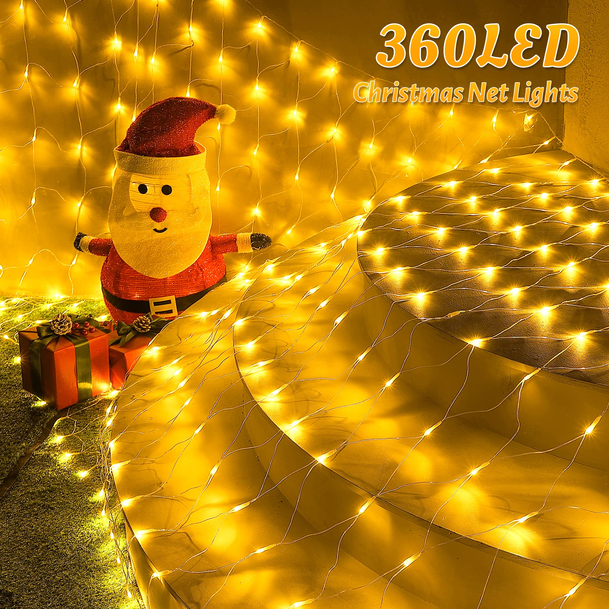 Heyfuni Net Mesh Waterproof String Lights,360Led 13Ft X 5Ft Christmas Net Lights, 8 Modes,Connectable For Indoor Outdoor, Curtain,Garden,Christmas Tree, Bush, Party, Holiday, Wall Decor (Warm White)