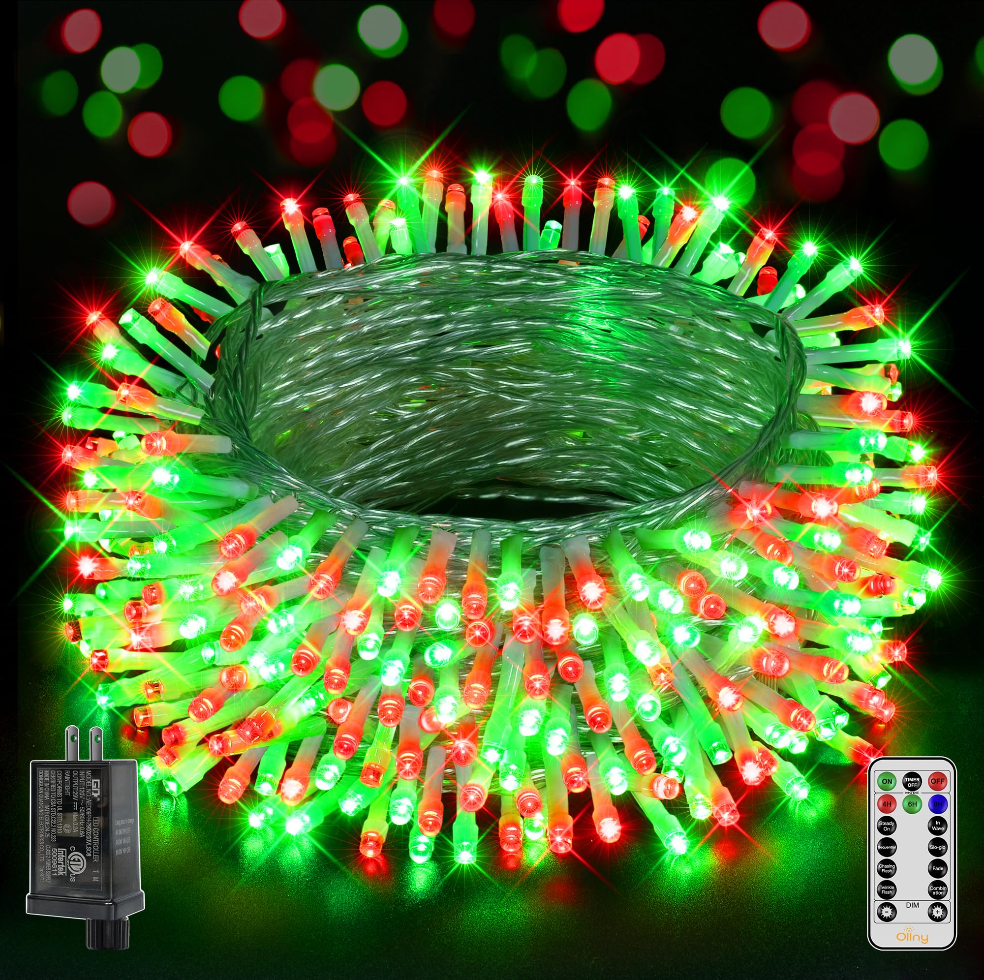 Ollny Christmas Lights Outdoor 800LED 262FT, Red and Green Plug in Fairy Lights with Remote, 8 Modes Waterproof Timers Dimmable LED String Lights for Indoor House Outside Bedroom Patio Balcony