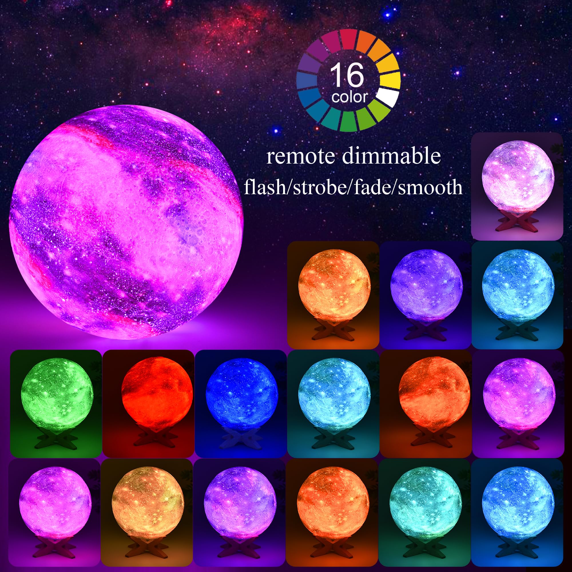 Hyodream 4.3'' Moon Lamp Kids Night Light Galaxy Lamp 16 Colors Led Moon Light With Touch & Remote Control Bedside Lamp As Chris