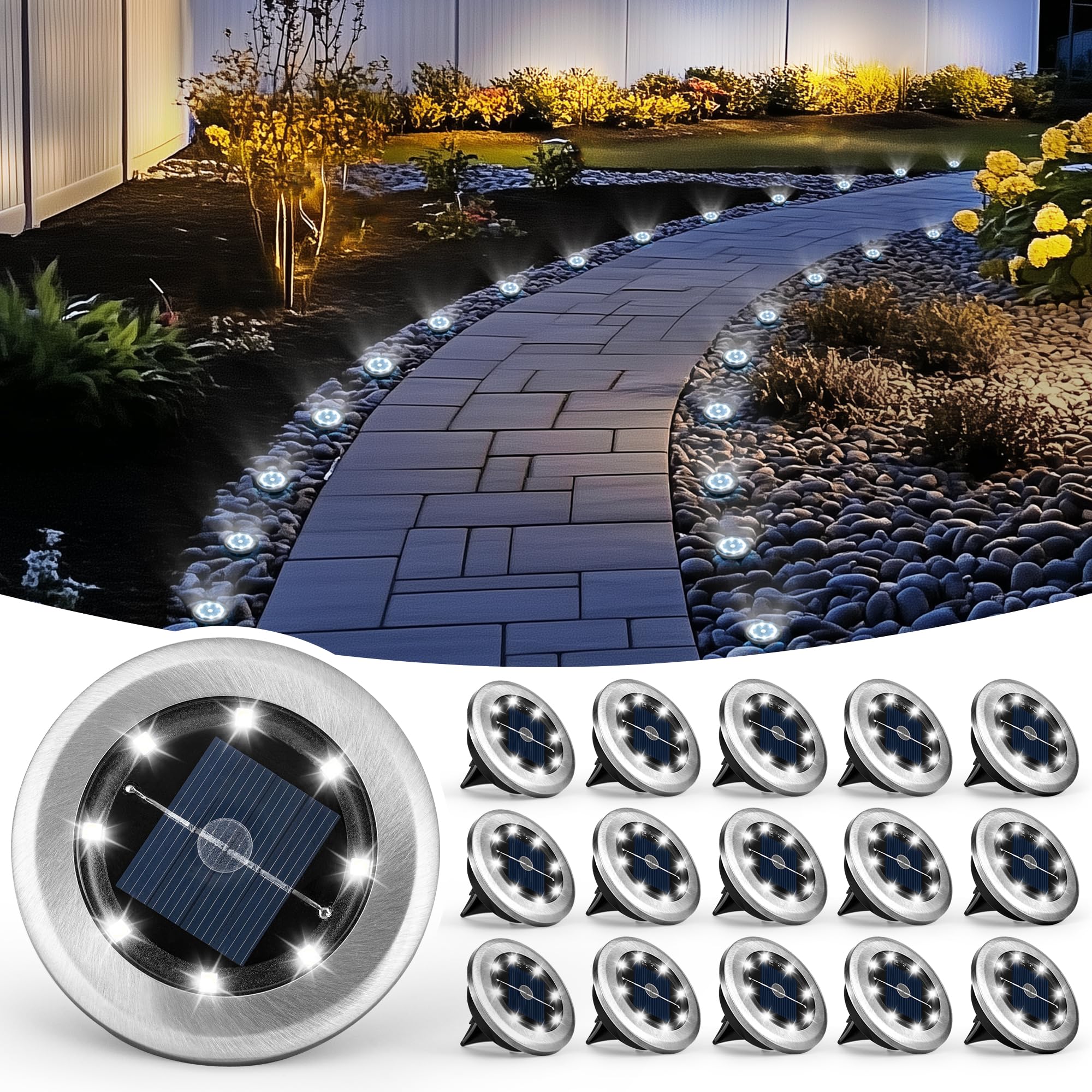 PATIOWIN Mini Solar Ground Lights, 16 Pack, Waterproof Outdoor Pathway Lights, Cool White, Model 9423