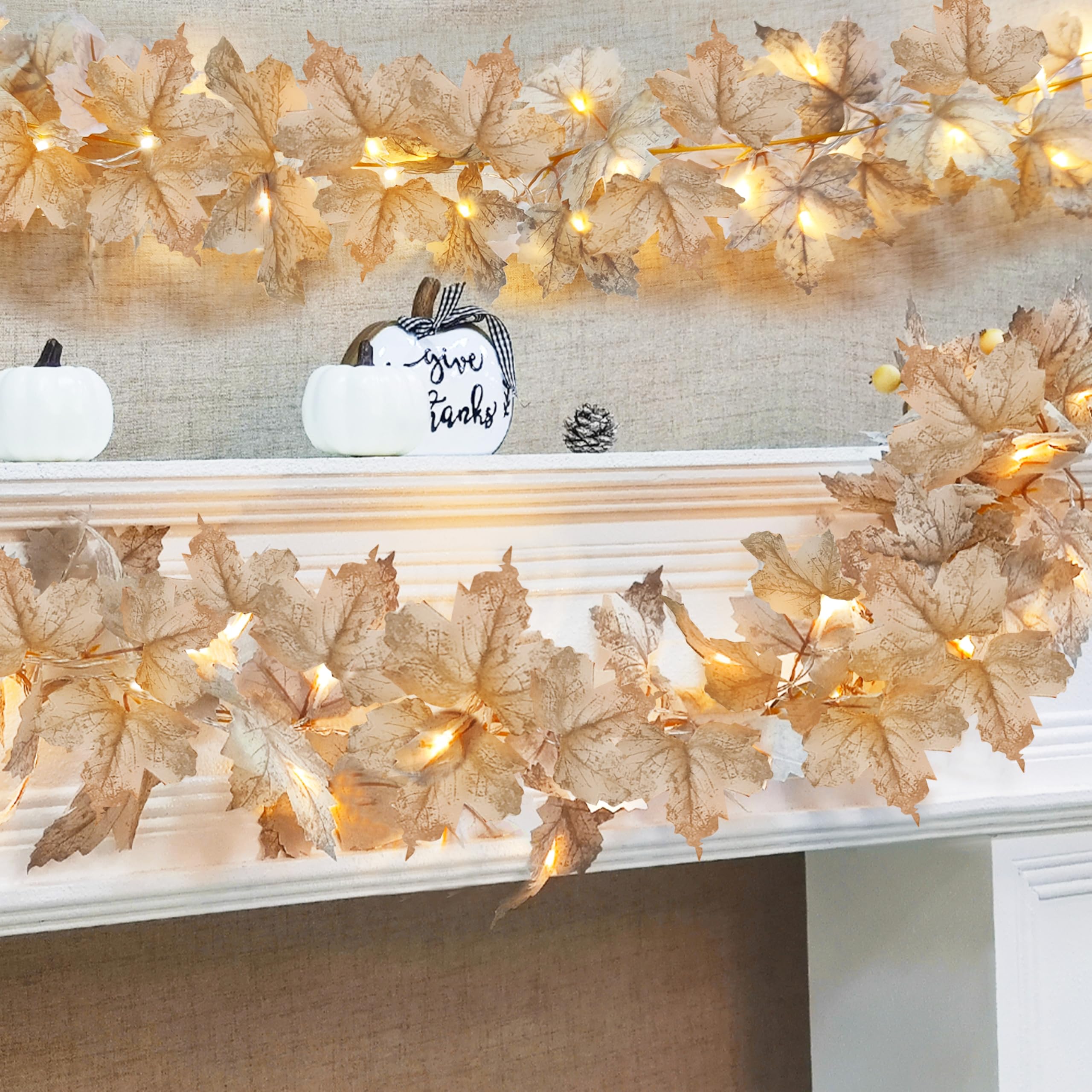 [ Timer & 3 Pack ] Fall Lighted Garland Halloween Fall Decor, 20Ft 60LED Autumn Maples Leafed Garland Waterproof Battery Operate