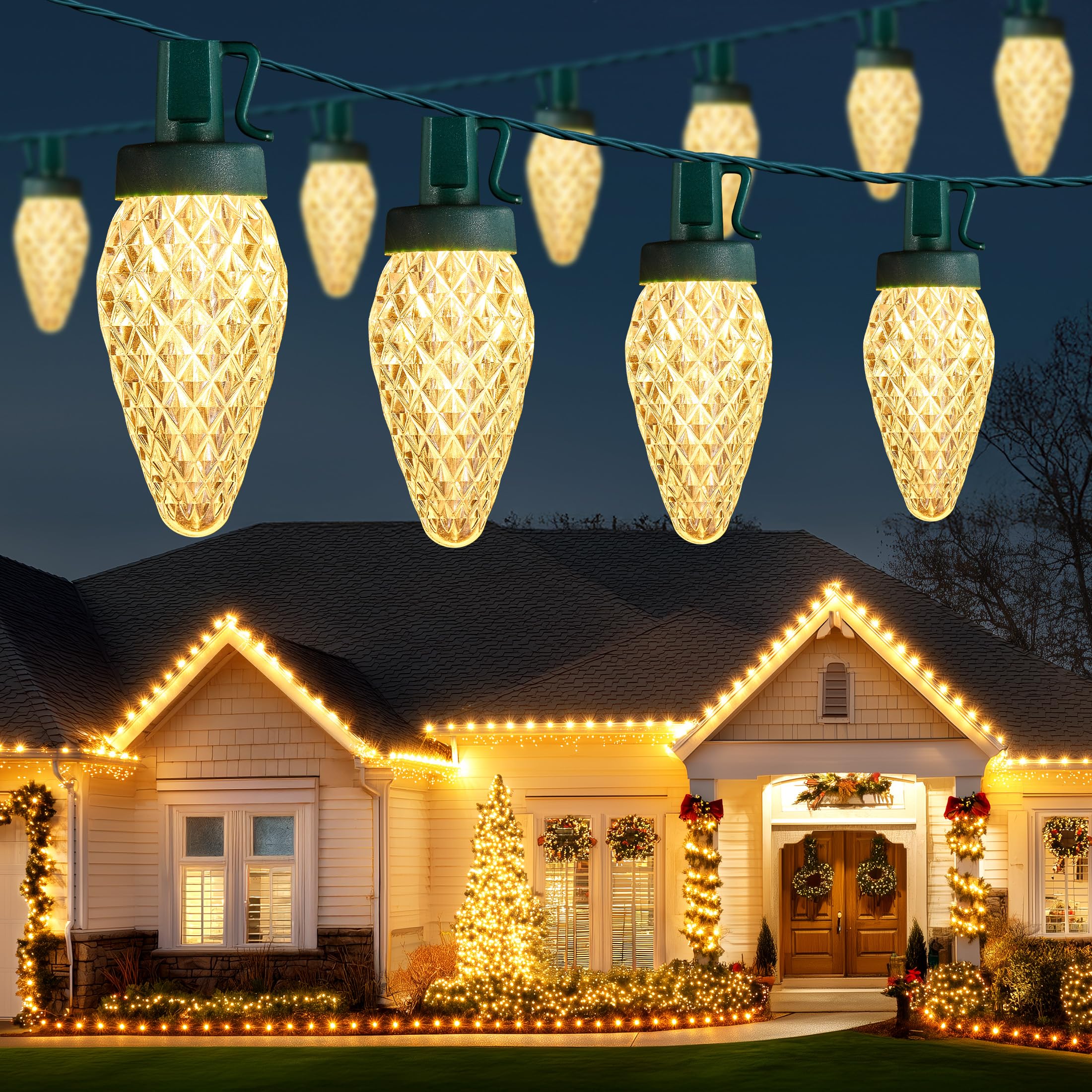 Brightown C9 Christmas Lights Outdoor  114Ft 150 Led Warm White String Lights With Timer  8 Modes  Plug-In Ul Listed Waterproof Connectable Christmas Tree Lights For House  Roof  Garden  Patio Decor