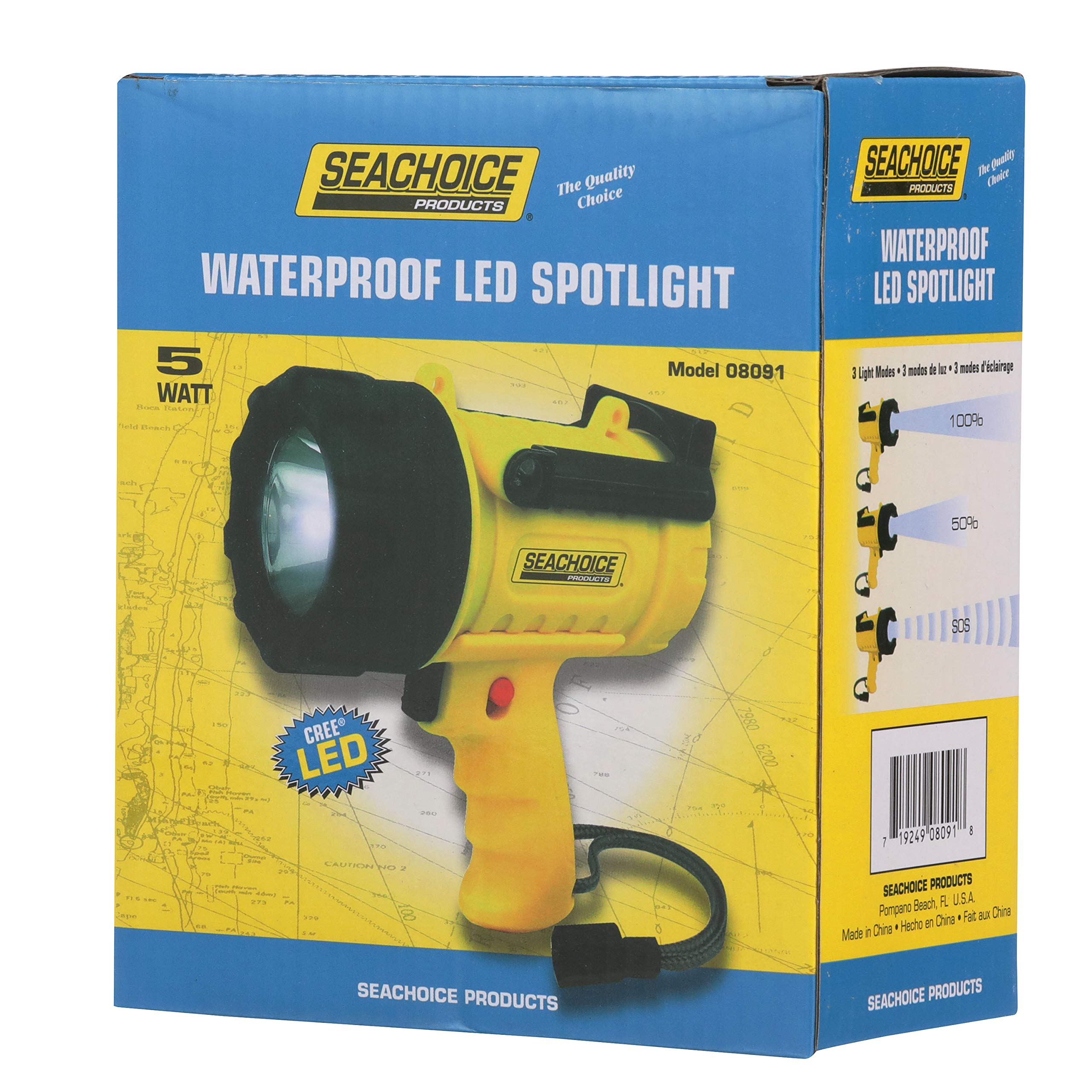 SEACHOICE Waterproof LED Spotlight, Handheld, Cordless, 55 Watt, One Size, Yellow, Model 08091