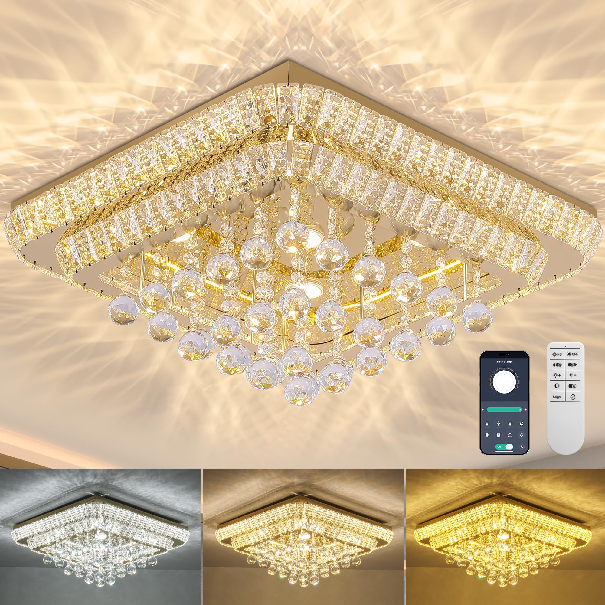 REDSTAR 24in Gold Crystal Ceiling Light Flush Mount, Remote Control, 3 Color Temp & Brightness Adjustable, Model A228-24-GD