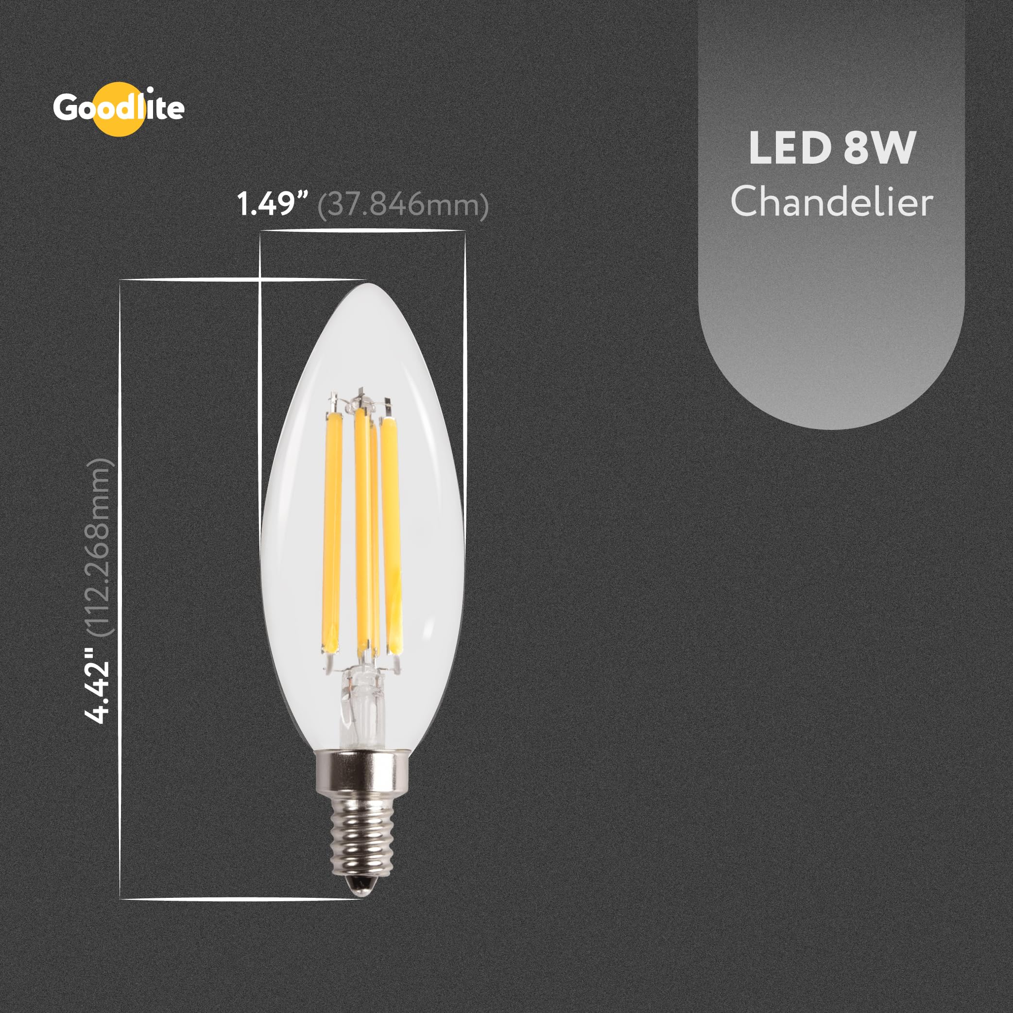 Goodlite C32 Led Chandelier Bulb, Torpedo Tip, 8W (100W Equal), Dimmable, 1050 Lumens, Soft White 2700K, 15K Hours, Eco-Friendly
