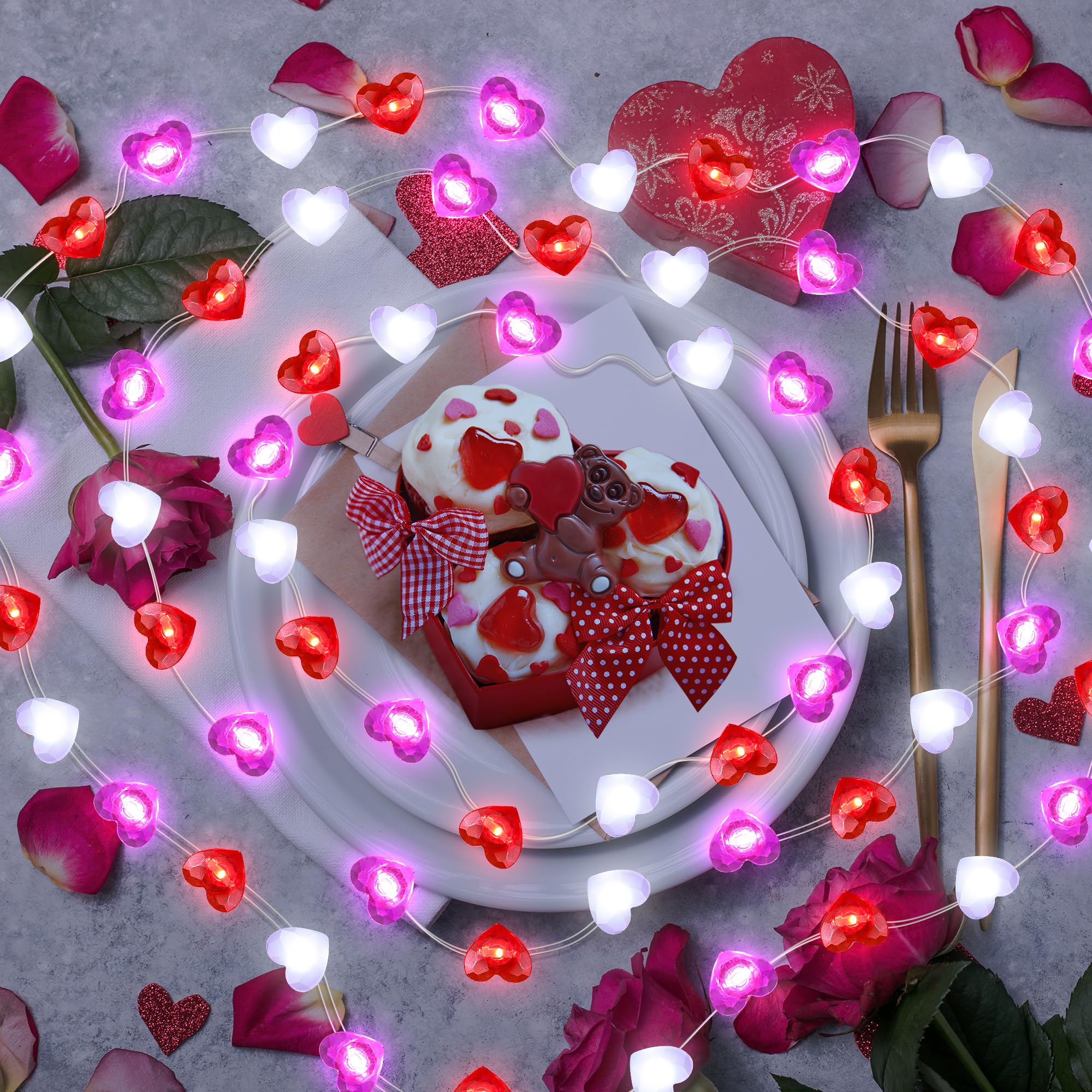 [Timer] 2 Pack Valentines Day Decor 20FT 60 LED Heart Twinkle Fairy Lights Battery Operated, 8 Modes Romantic Red Pink White Hea