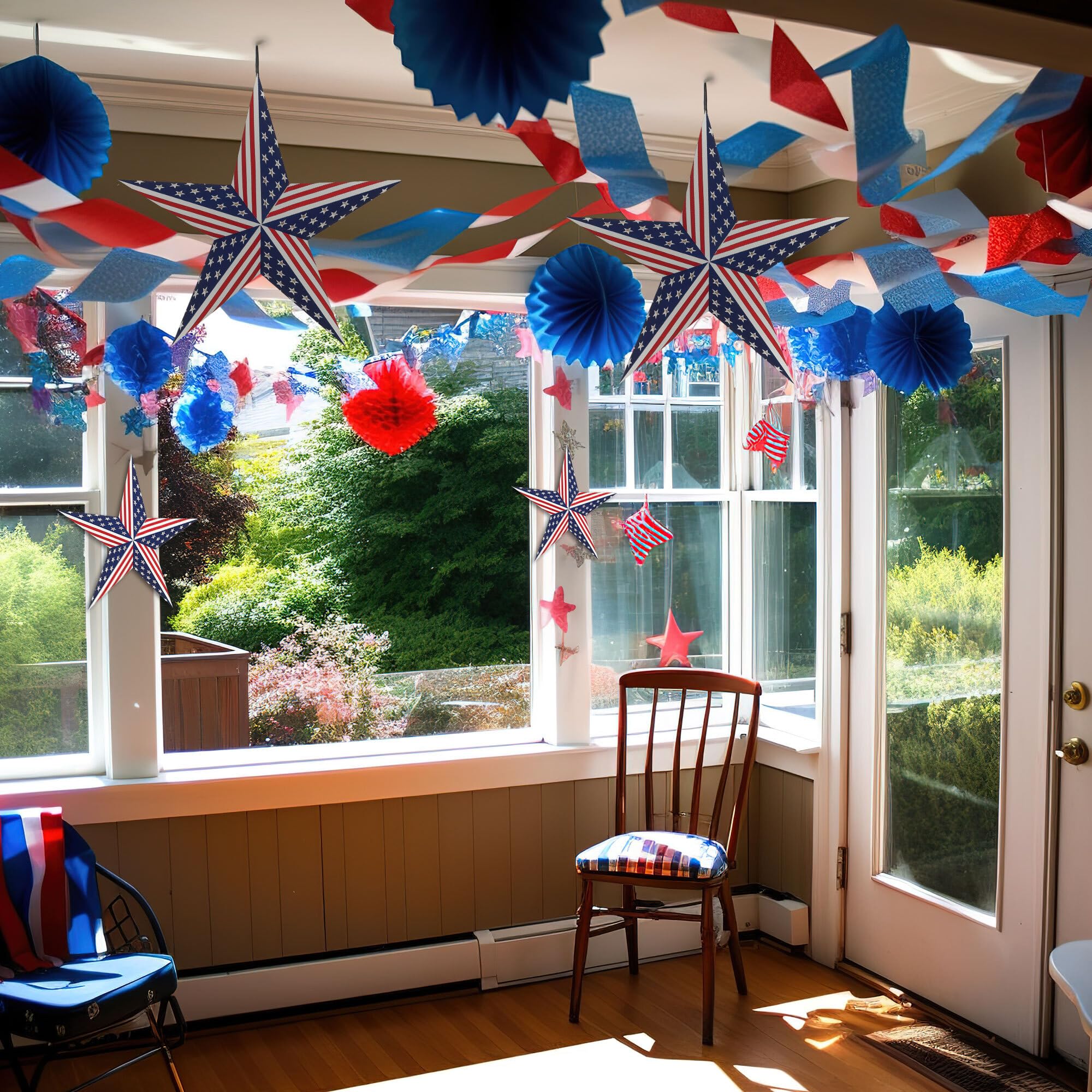 GalaxyArts 24in Patriotic Paper Star Lantern - USA Flag Red, White & Blue - Indoor/Outdoor Décor for Independence Day & Memorial Day