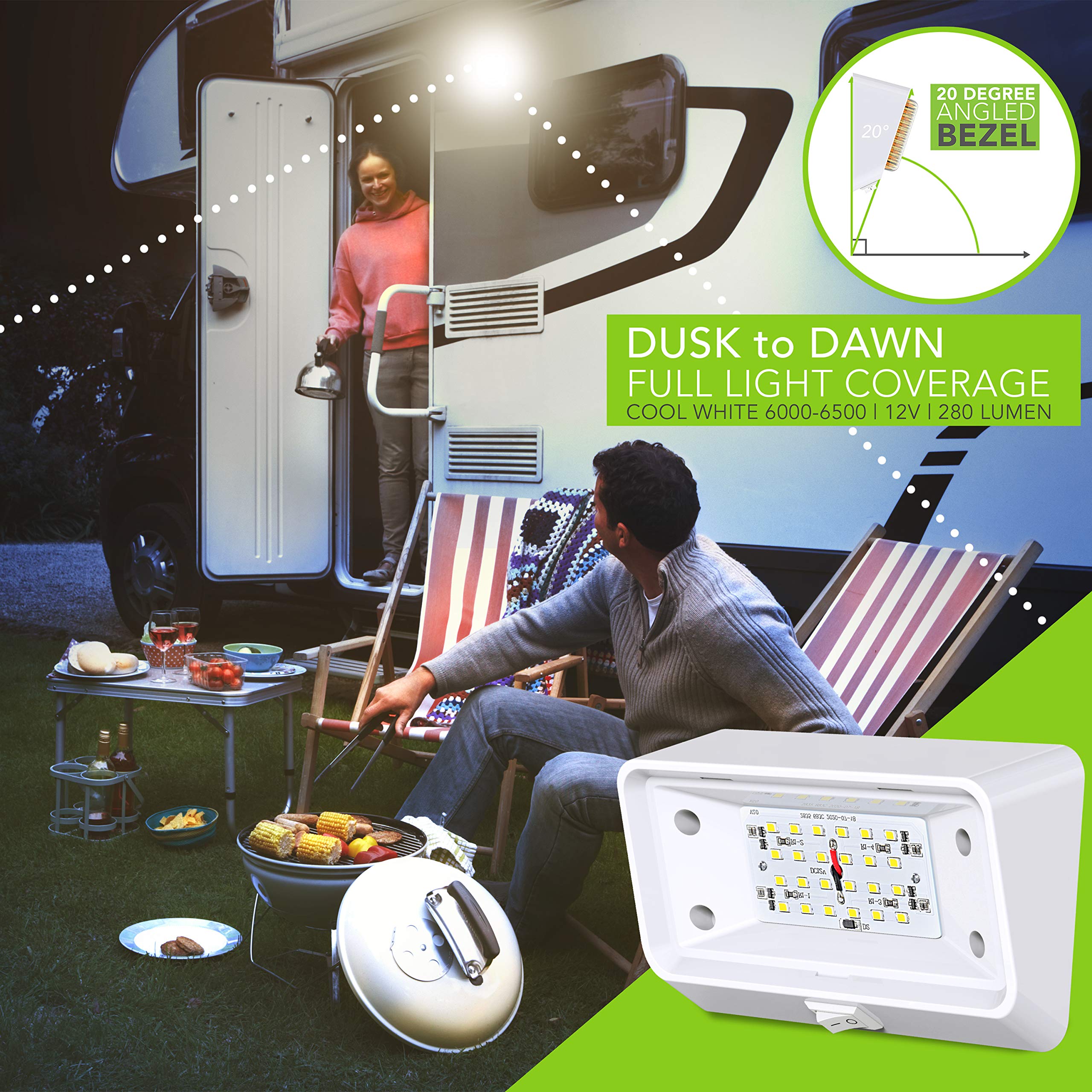 Leisure Led Rv Exterior Porch Utility Light With Switch - 12V 280 Lumen Lighting Fixture. Replacement Lighting For Rvs, Trailers, Campers, 5Th Wheels. White Base, Clear And Amber Lens (White, 1-Pack)